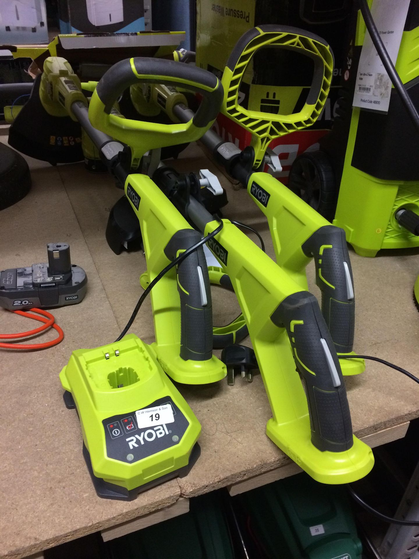 3 x Ryobi easy edge cordless strimmers - 1 x battery and 1 x charger