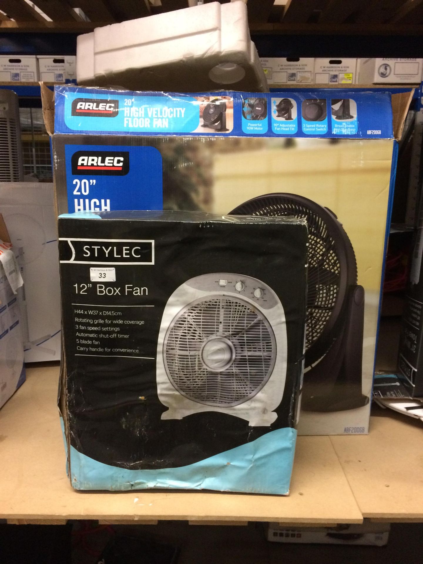 11 items - Stylec 12" box fans, Arlec 20" high velocity floor fans, 12" desk fans etc.