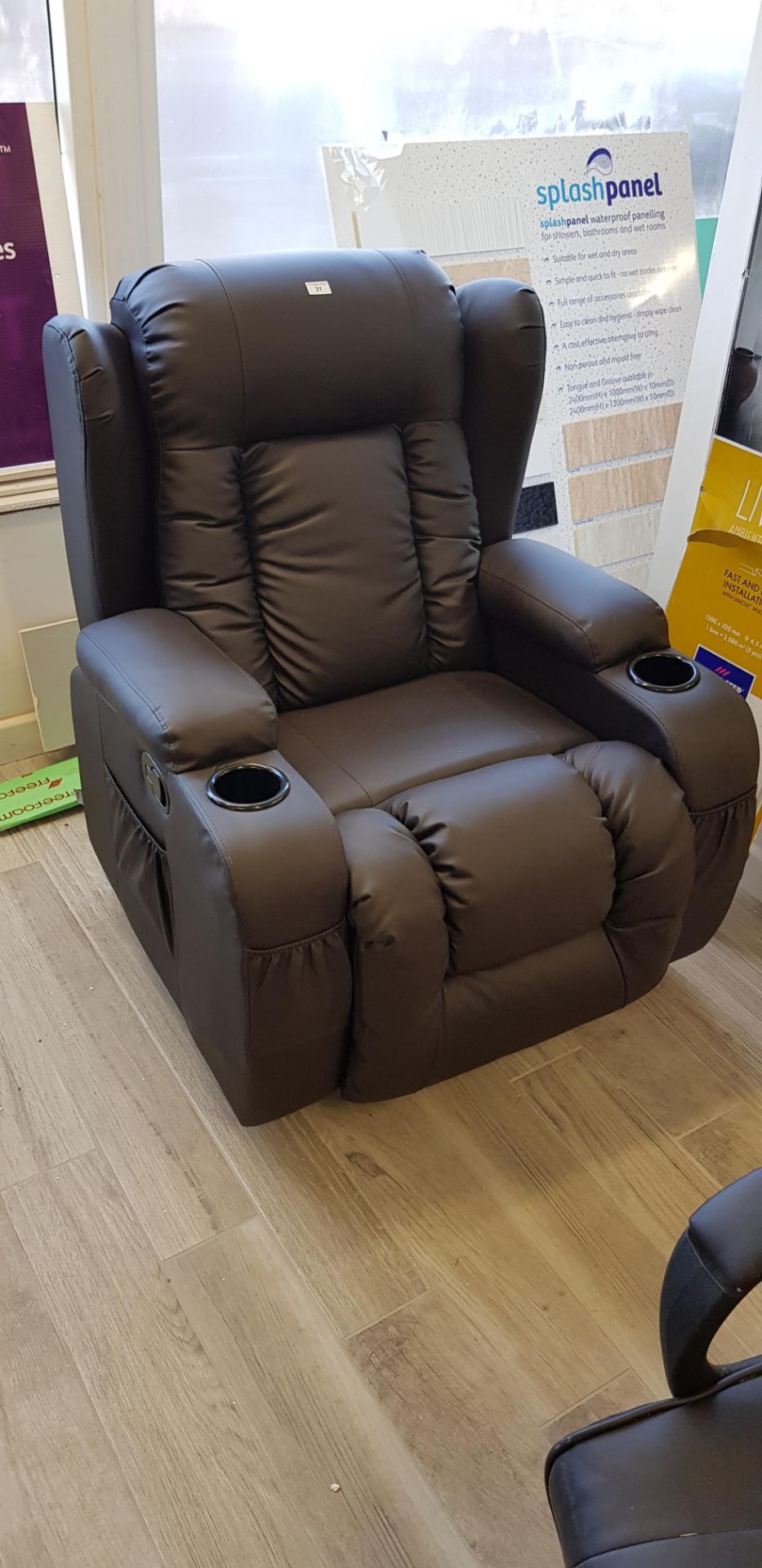 Brown side operated electric recline & swivel chair with 2 x cup holders