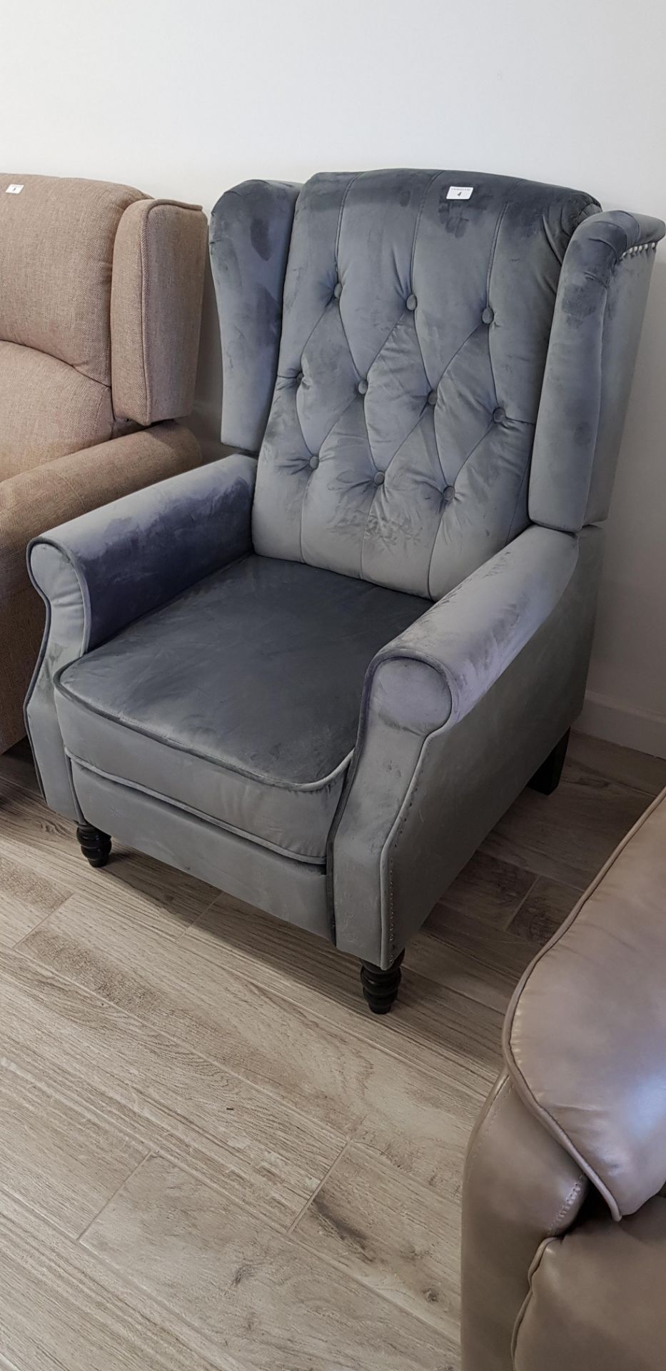 Chesterfield backed Luxury Blue Velour manual recliner chair