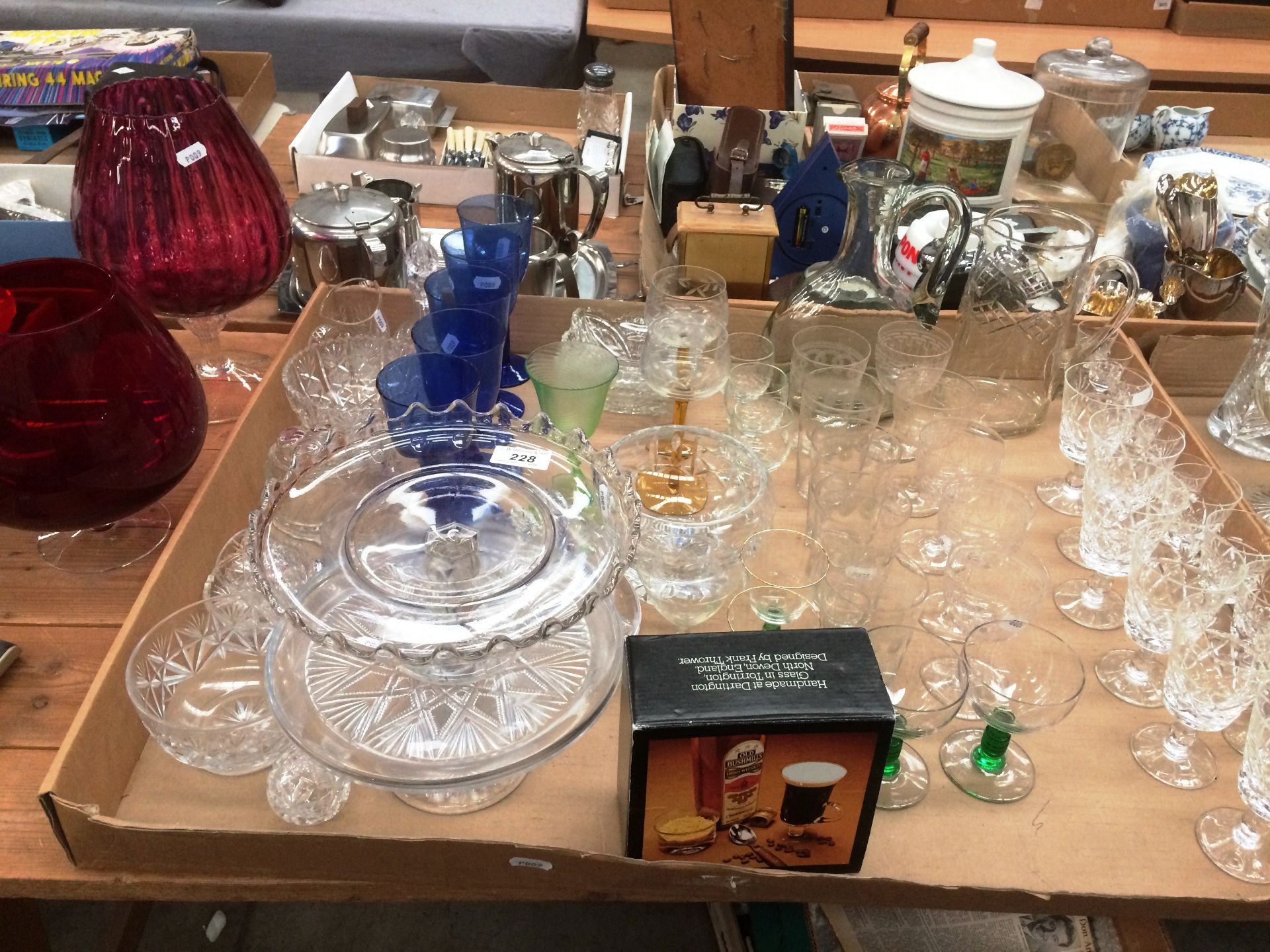 Contents to tray assorted glass ware - two large coloured goblets, jugs, glasses etc.