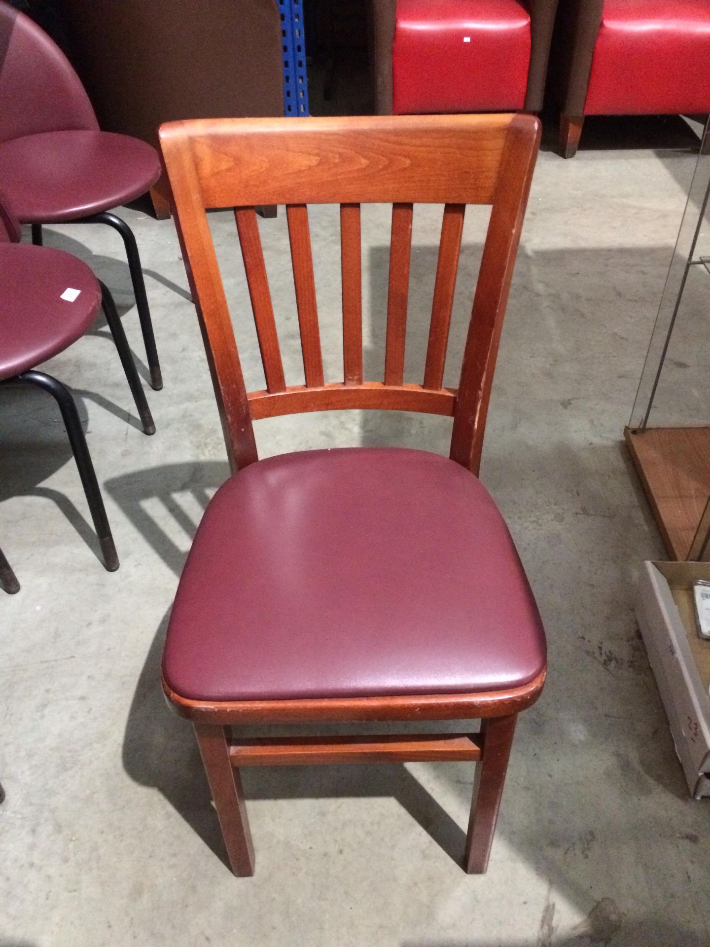 4 x dark oak ladder back cafe/bar chairs with purple vinyl upholstery