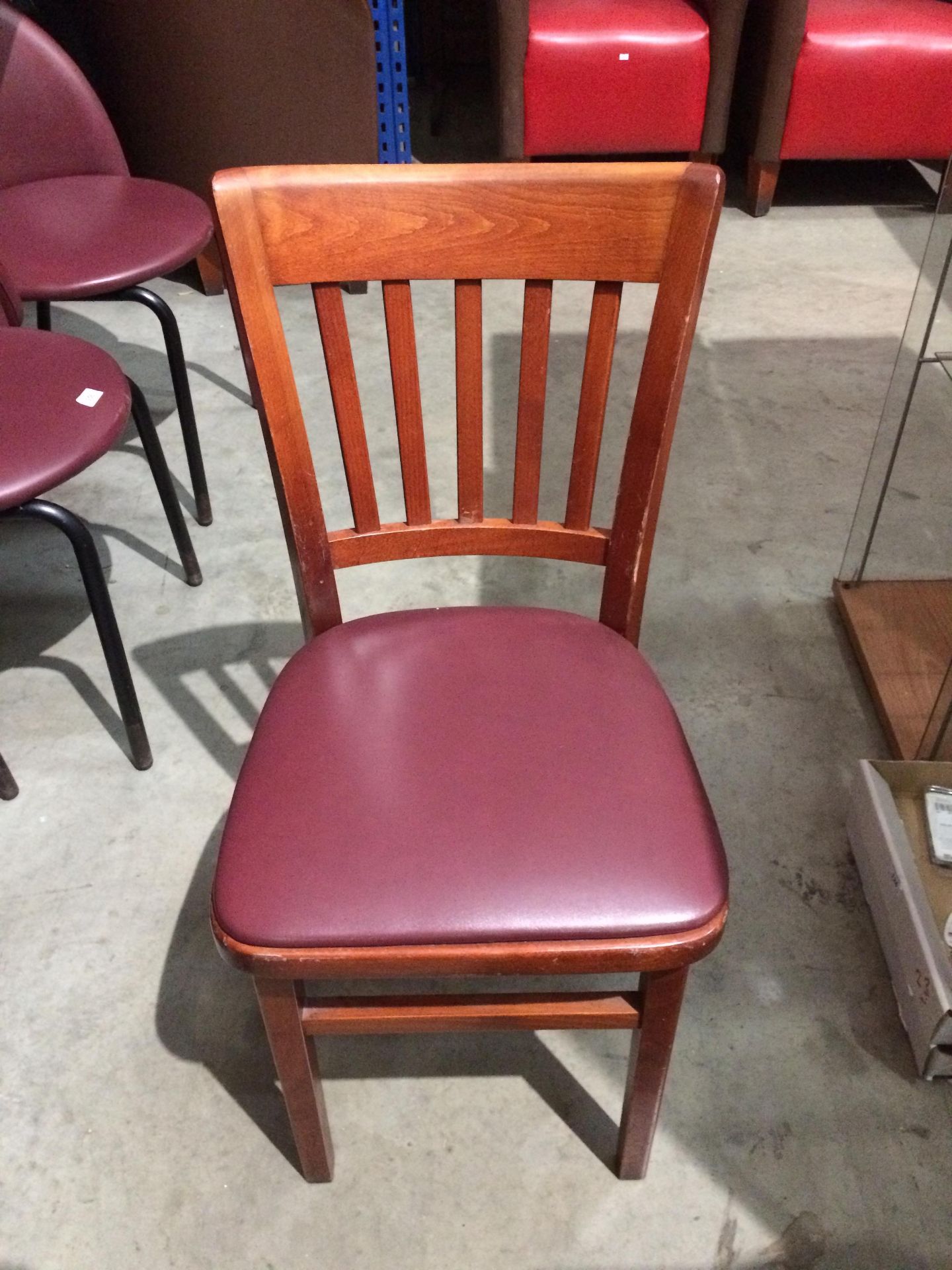 4 x dark oak ladder back cafe/bar chairs with purple vinyl upholstery