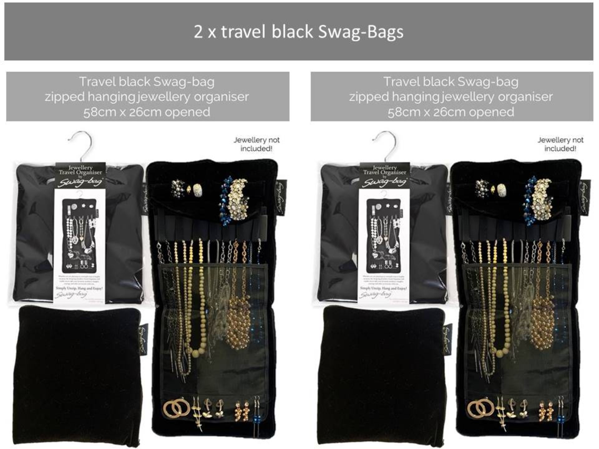 2 x Swag-Bag jewellery organisers - two zipped travel hanging Swag-Bags in black,