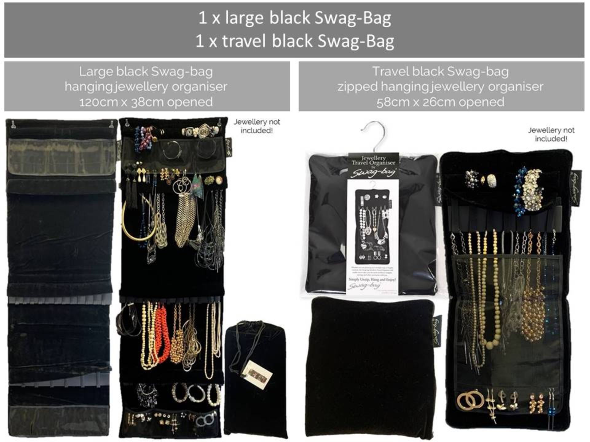 2 x Swag-Bag jewellery organisers - one large hanging Swag-Bag in black,