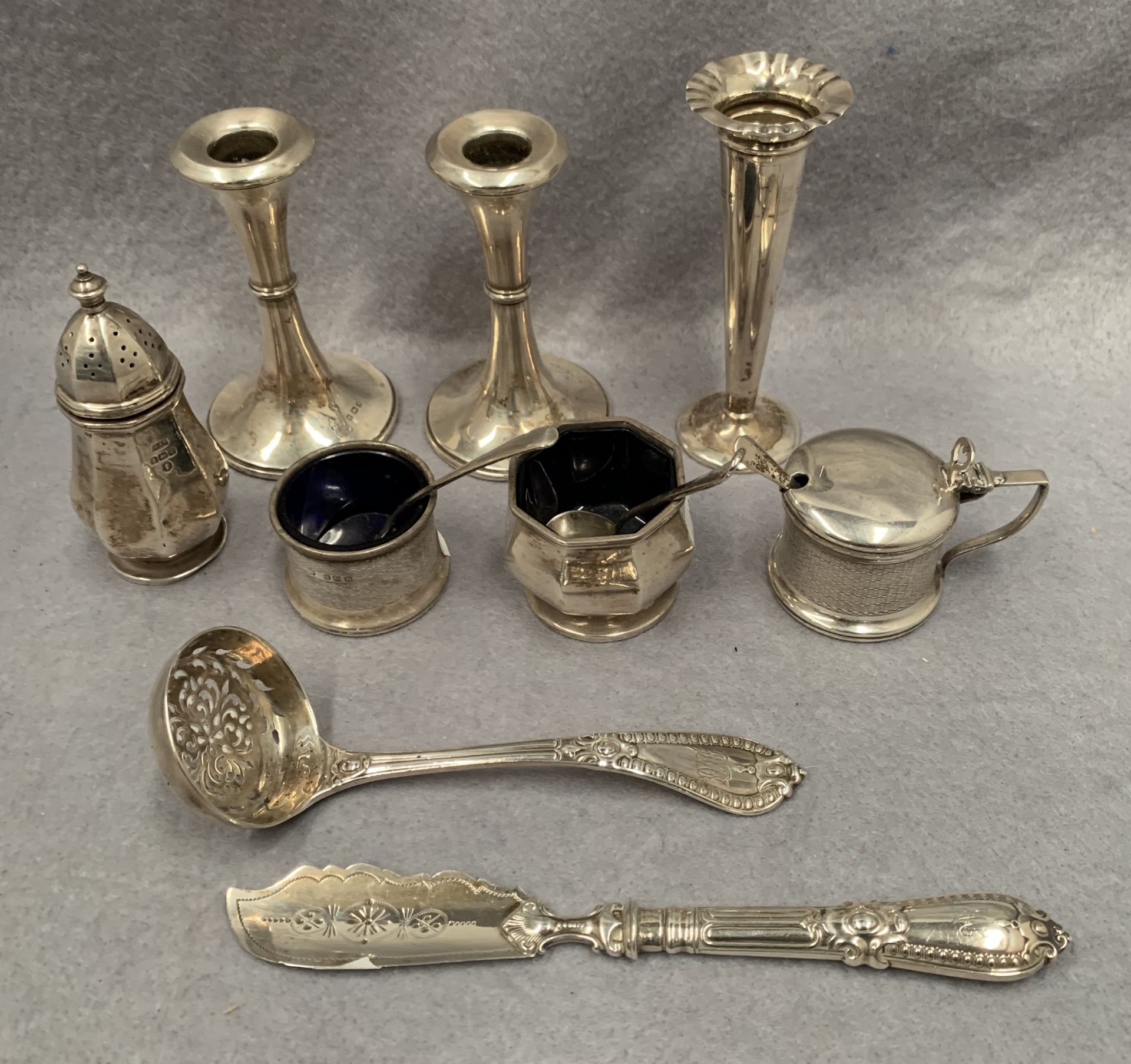 A pair of small silver candlesticks, a small silver vase, a silver mustard pot, - Image 2 of 2