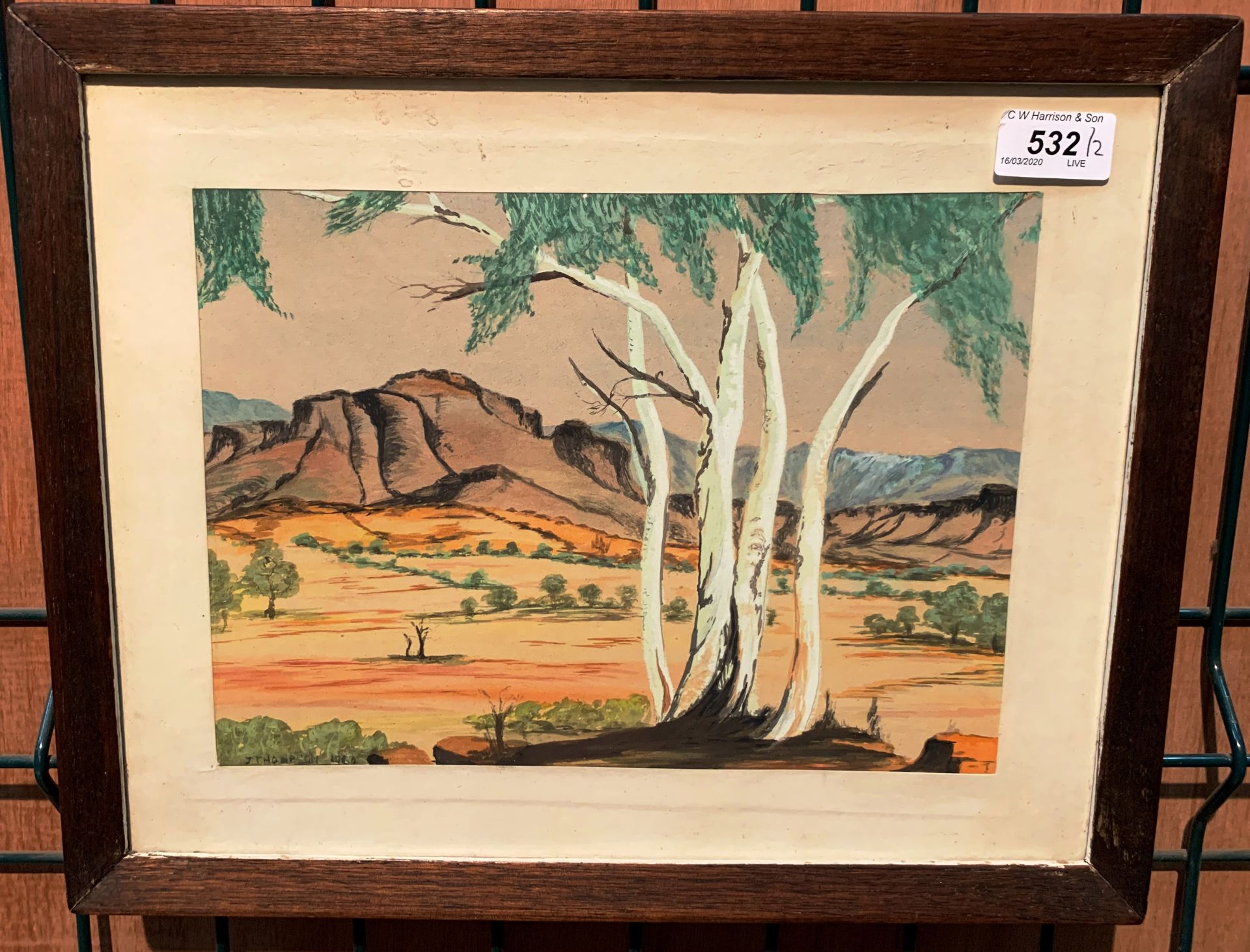Small watercolour of Central Western Australia in the style of Albert Nanizina,