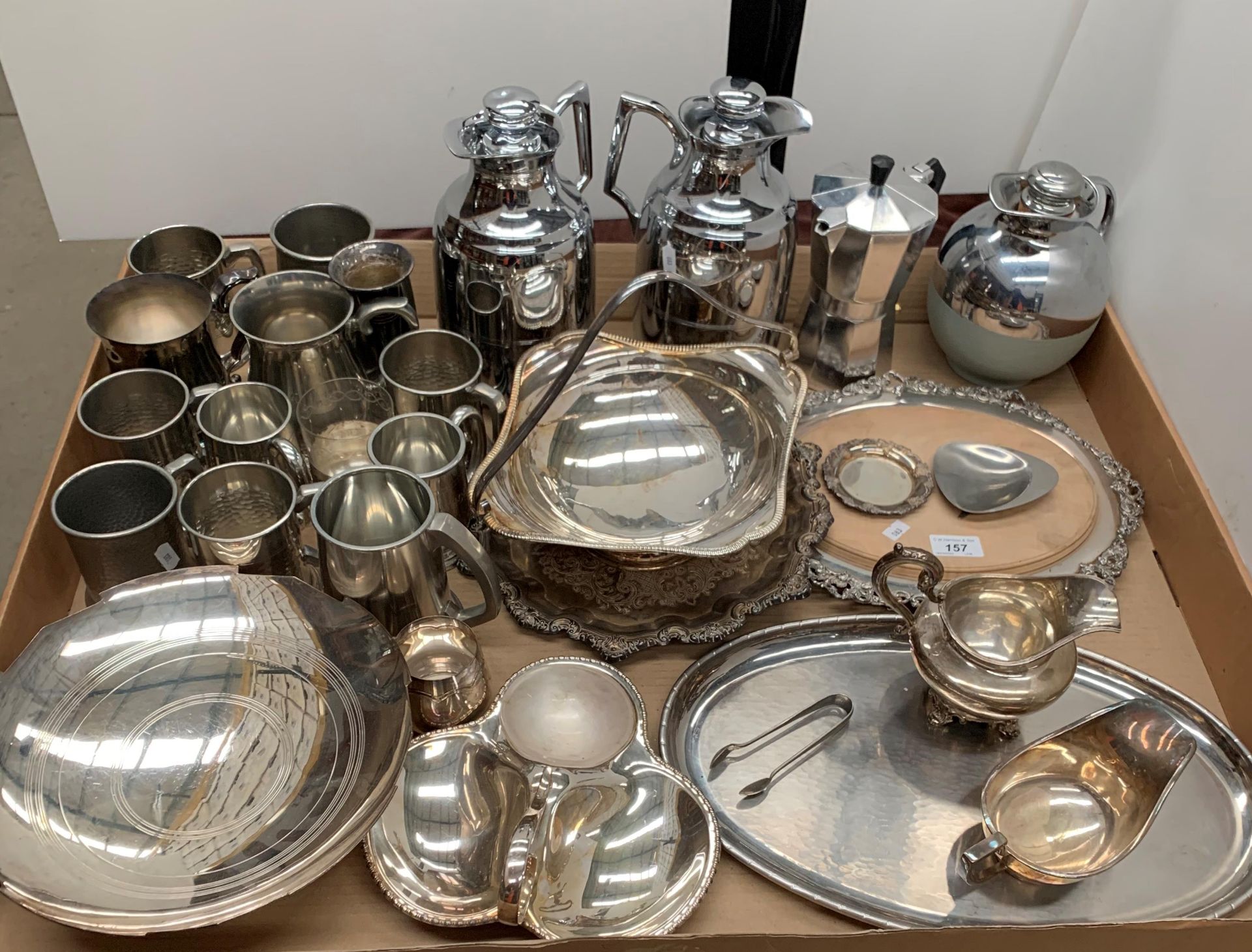 Contents to tray - a quantity of silver plated and pewter mugs, trays, dishes,