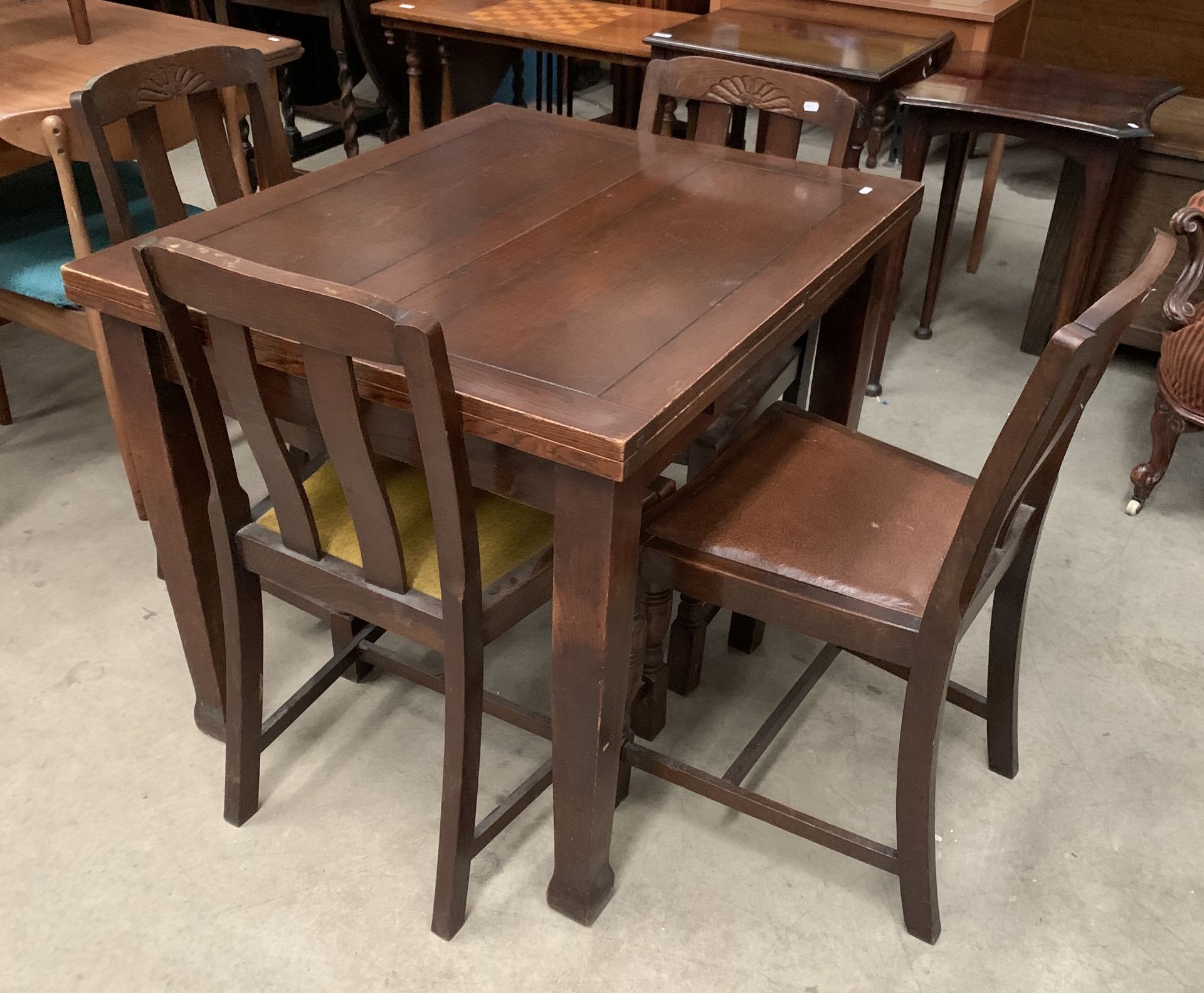 An oak lift top dining table on square tapered legs 92 x 144cm with open and four oak dining chairs - Image 2 of 2