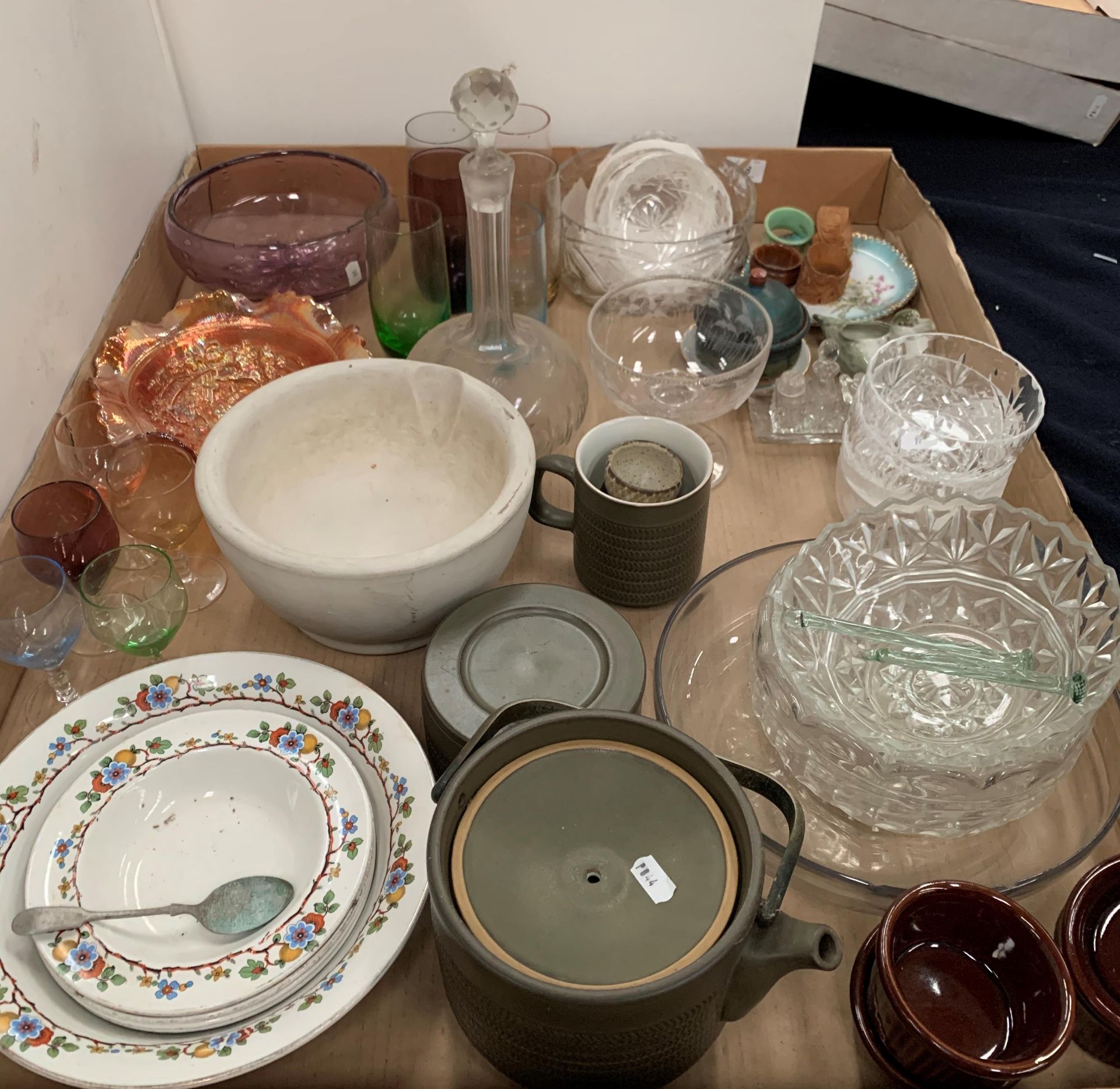 Contents to tray - glassware, decanters, mortar, teapot,