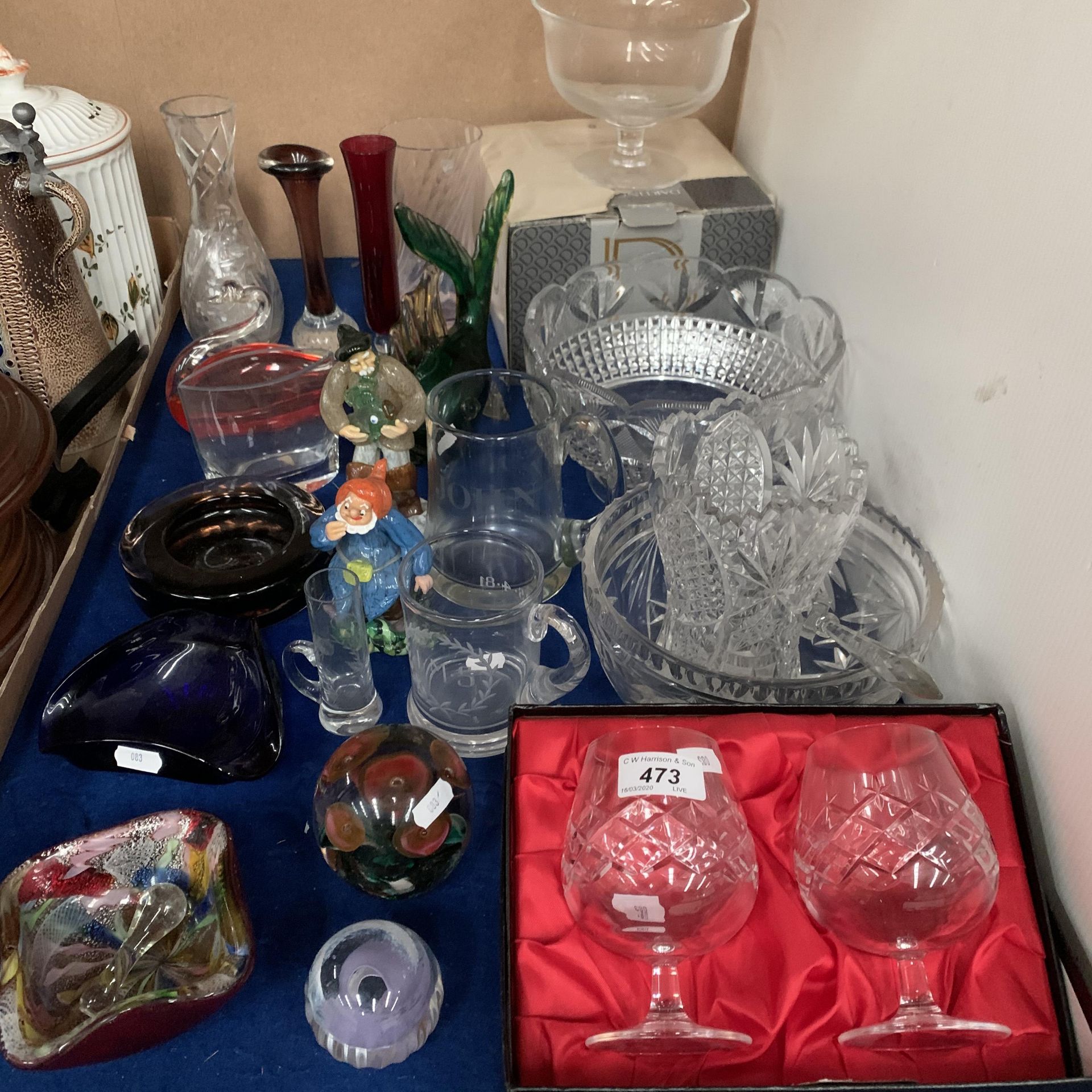 Contents between trays - glassware including bowls, paperweights,