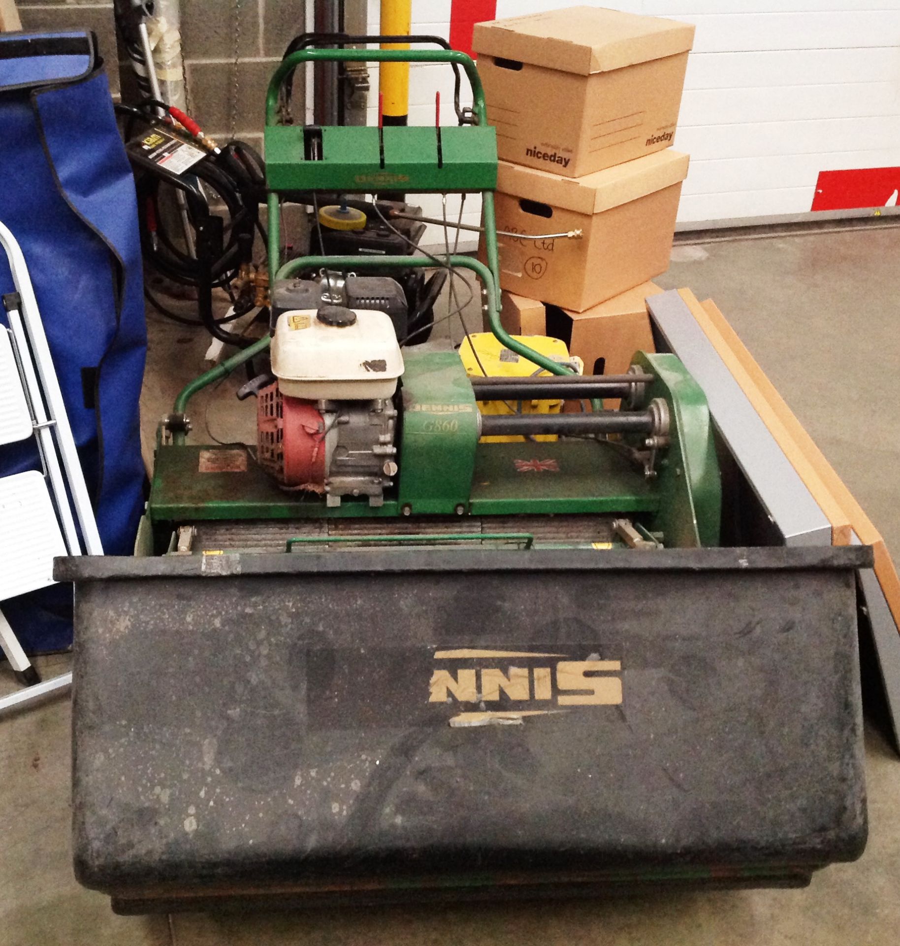 A DENNIS WALK BEHIND 3' (90cm) rotary petrol mower complete with collection bucket - not tested or