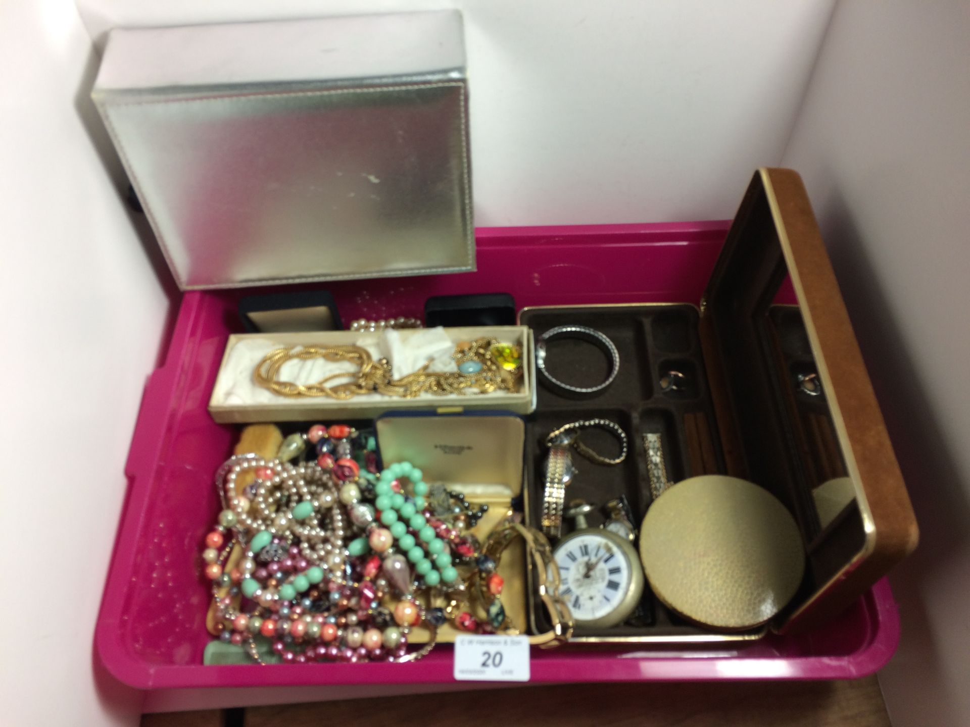 Contents to tray - assorted costume jewellery, lady's Timex watch, pocket watch, jewellery boxes,