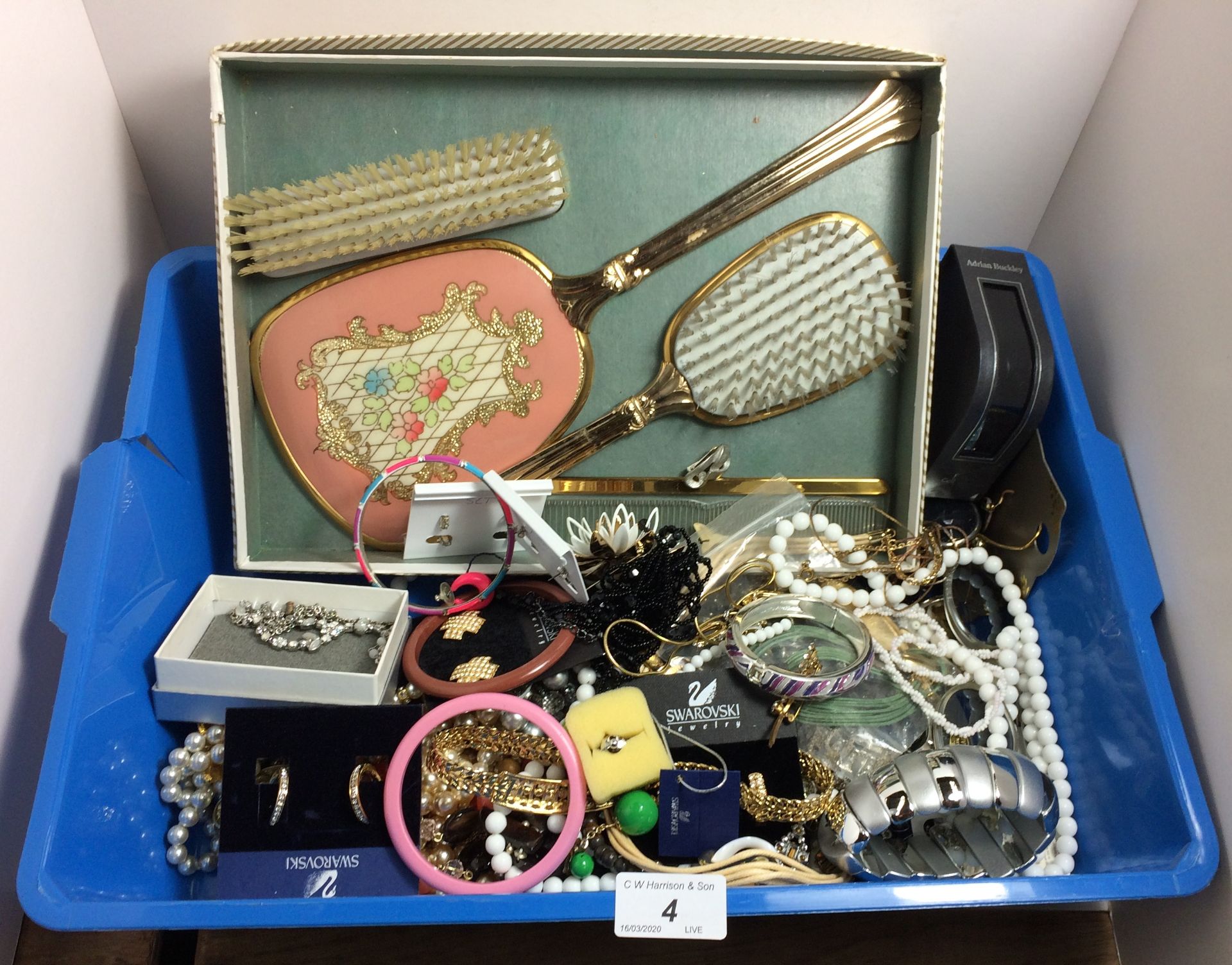 Contents to tray - assorted costume jewellery, pairs of Swarovski earrings, dressing table set, etc.