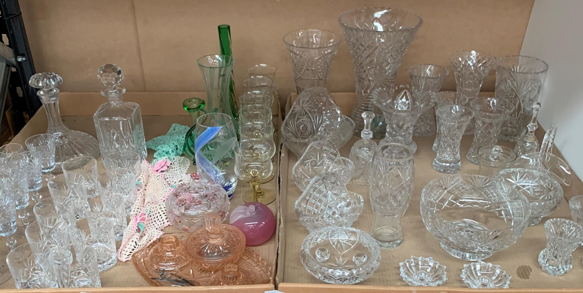 Contents to two trays - large quantity of crystal and other glassware, vases, bowls,