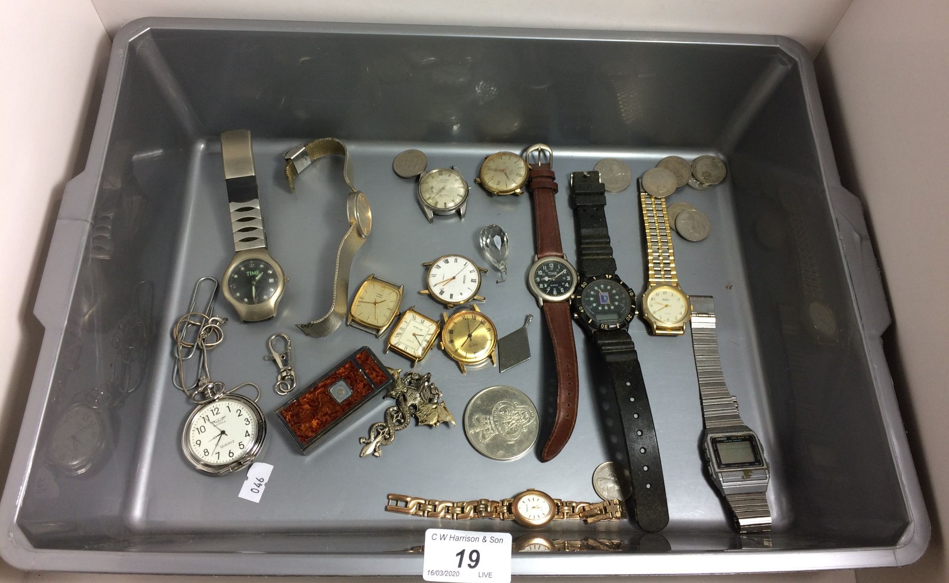 Contents to tray - ladies and gentlemen's wrist watches, lighter, Adimax pocket watch, coins,