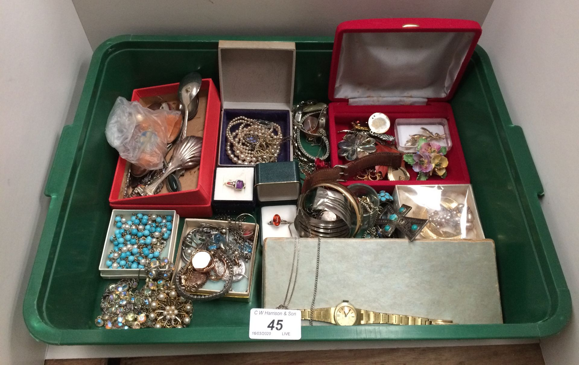 Contents to tray - assorted costume jewellery, silver plated teaspoons, ladies wrist watches,