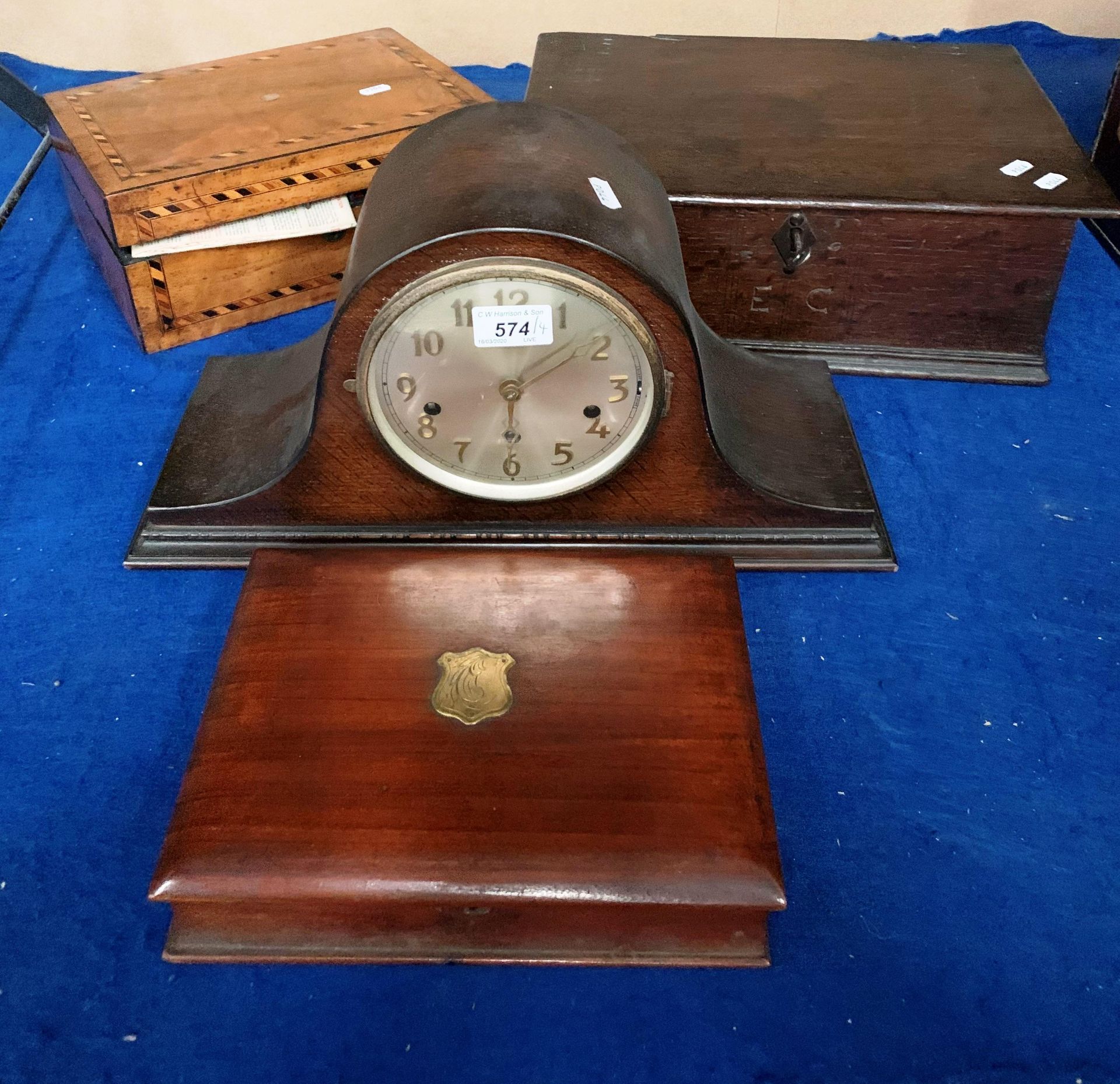 An oak cased Napoleon hat style mantel clock and three various wood boxes (4)