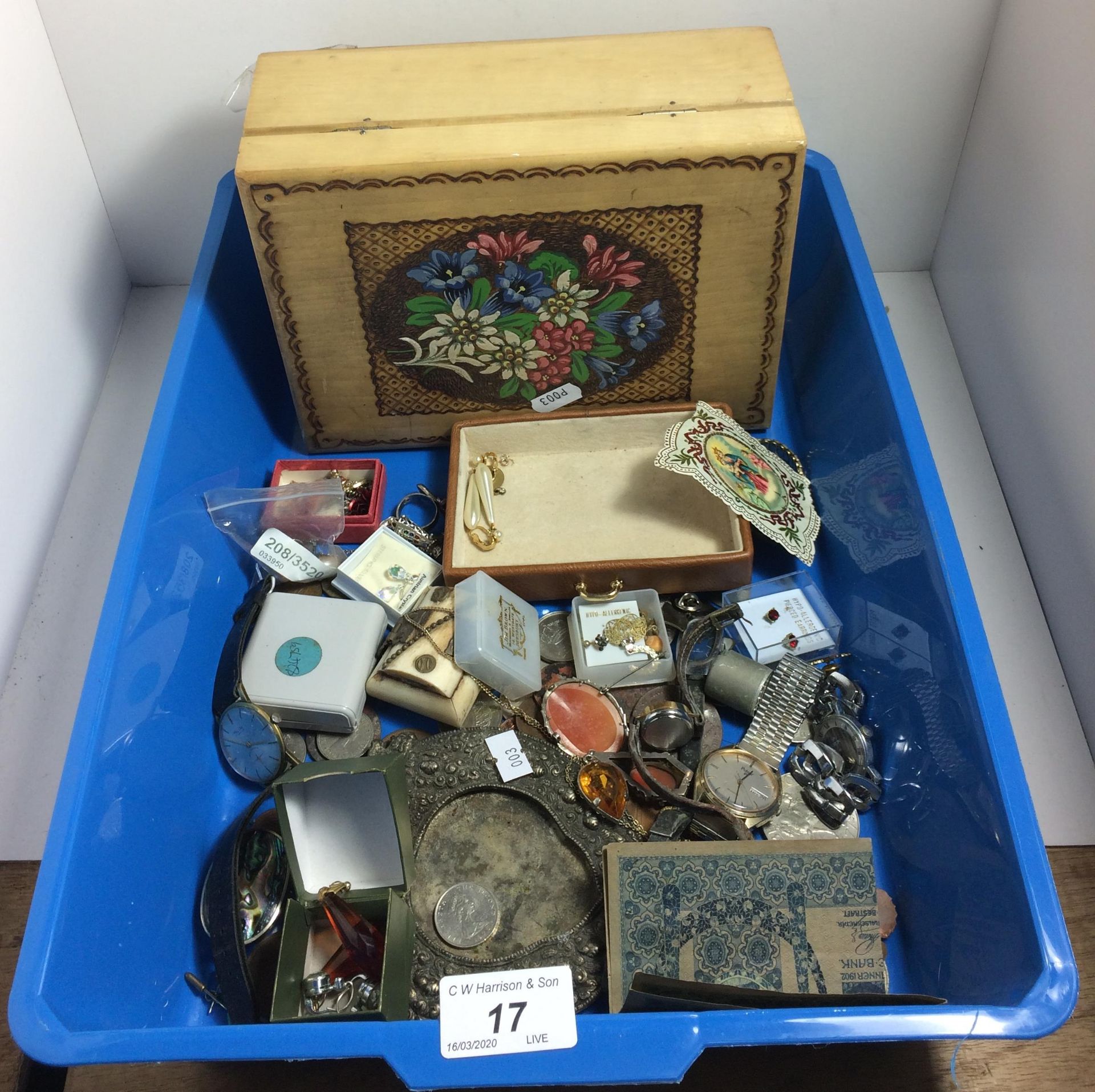 Contents to tray - vintage watches, costume jewellery, silver Disney character ring, coins,