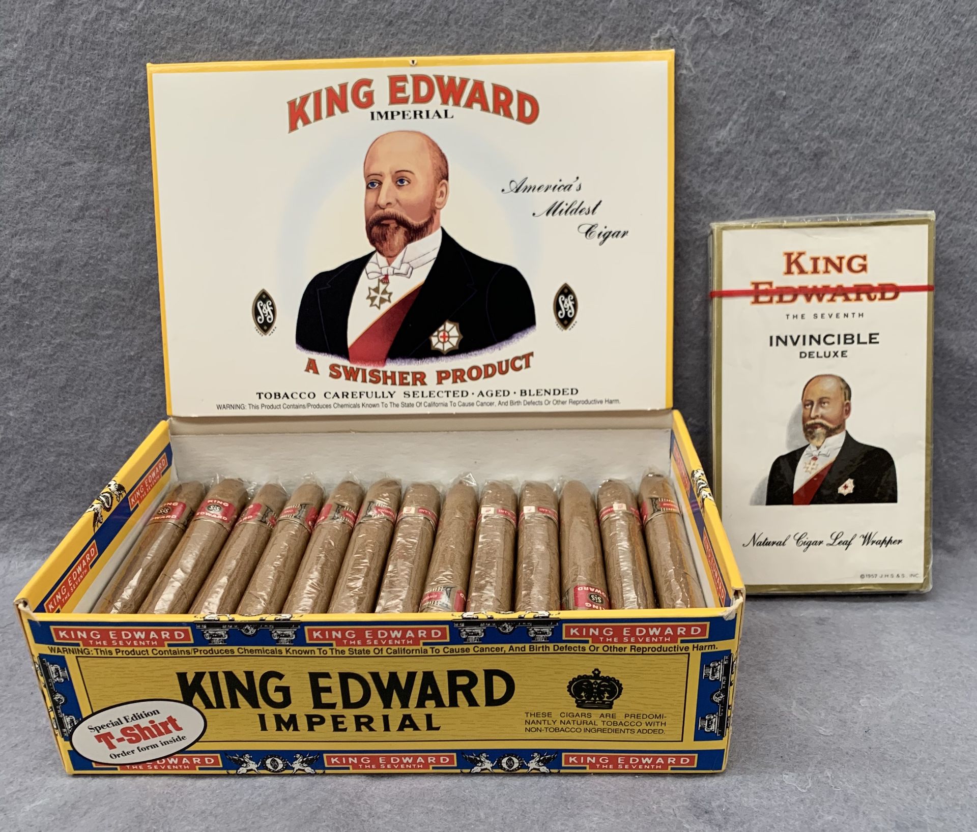 37 King Edward Imperial cigars in presentation box and a packet of five King Edward Invincible