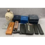 Empty watch boxes for Rotary and Raymond Weil, cased darts and flights , wine thermometer, etc.