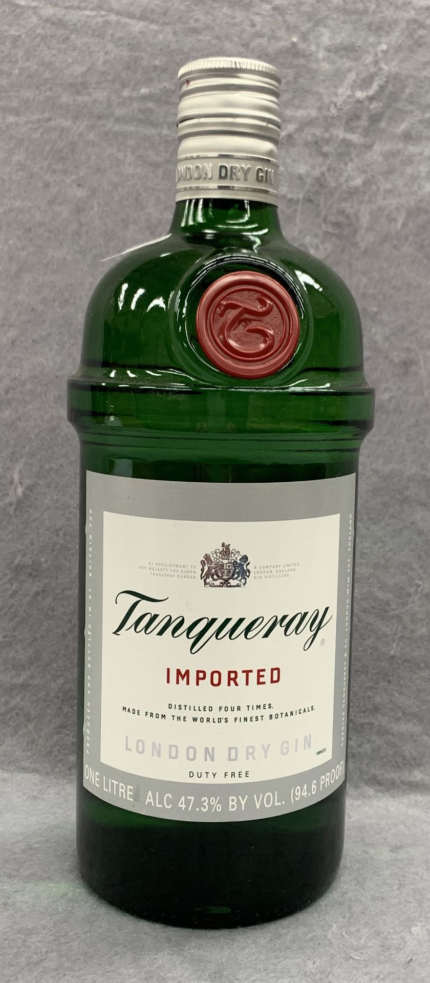 A 1 litre bottle of Imported Tanqueray London Dry Gin, alc 47.3% by vol (94.