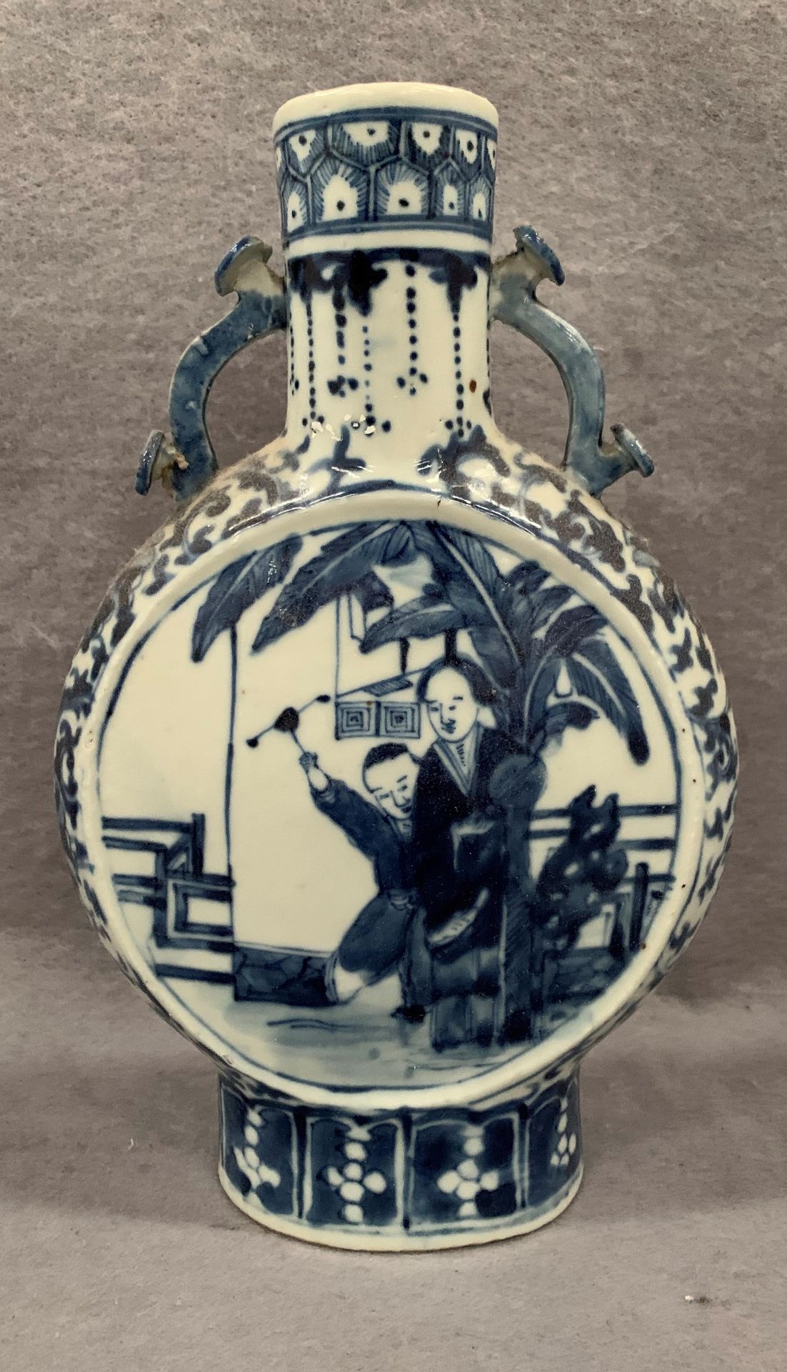 A blue patterned Chinese moon flask,