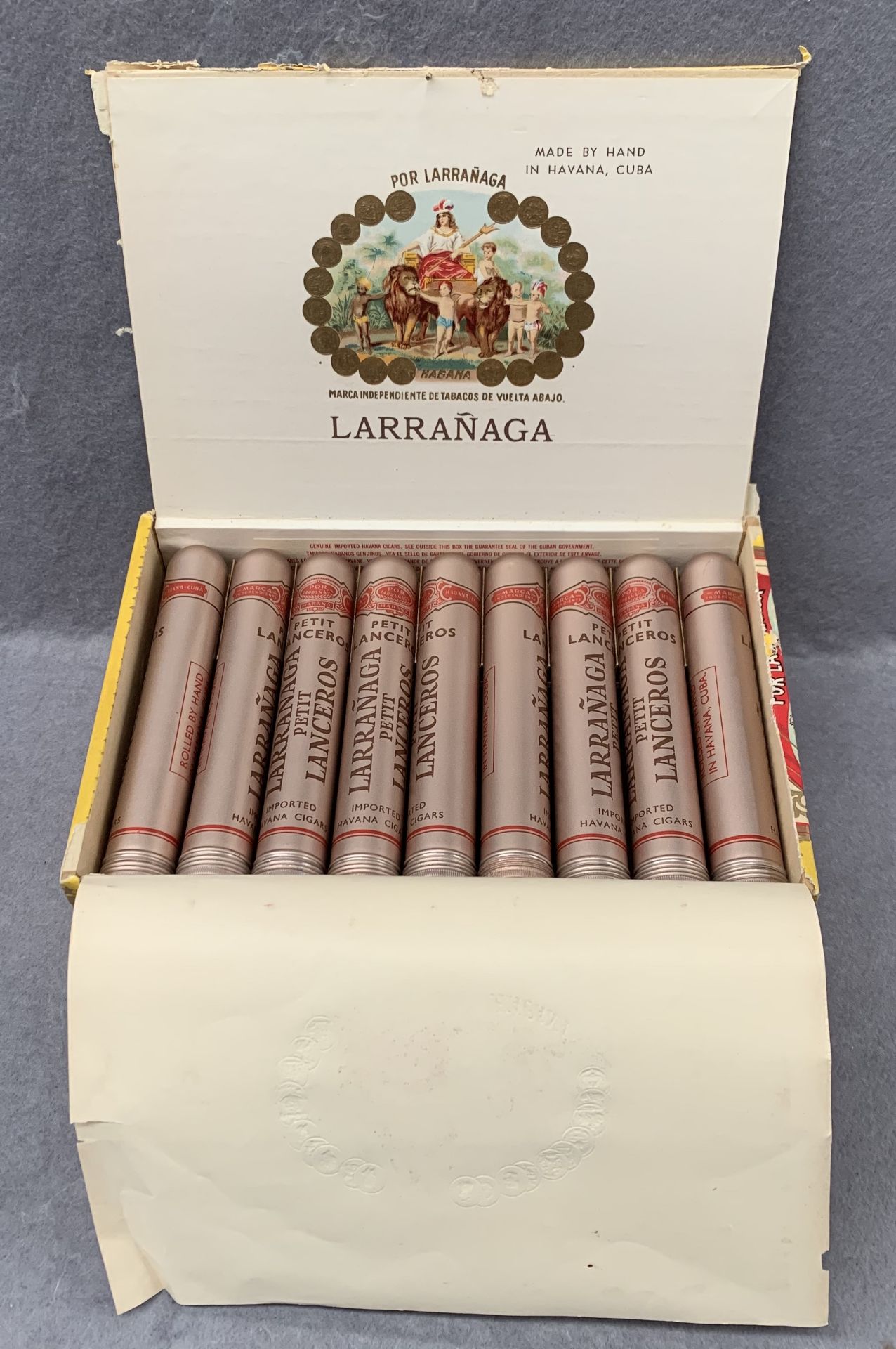 A box of 25 Larranaga Petit Lanceros Havana Cigars in presentation box (opened but contents