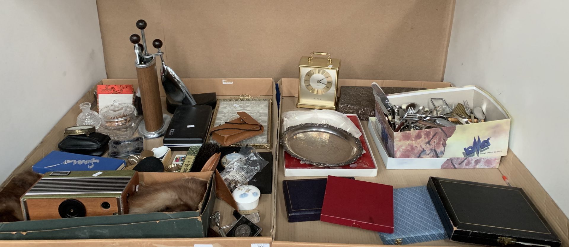 Contents to two trays - plated cutlery, Roberts radio, coins, trays, fireside companion, etc.