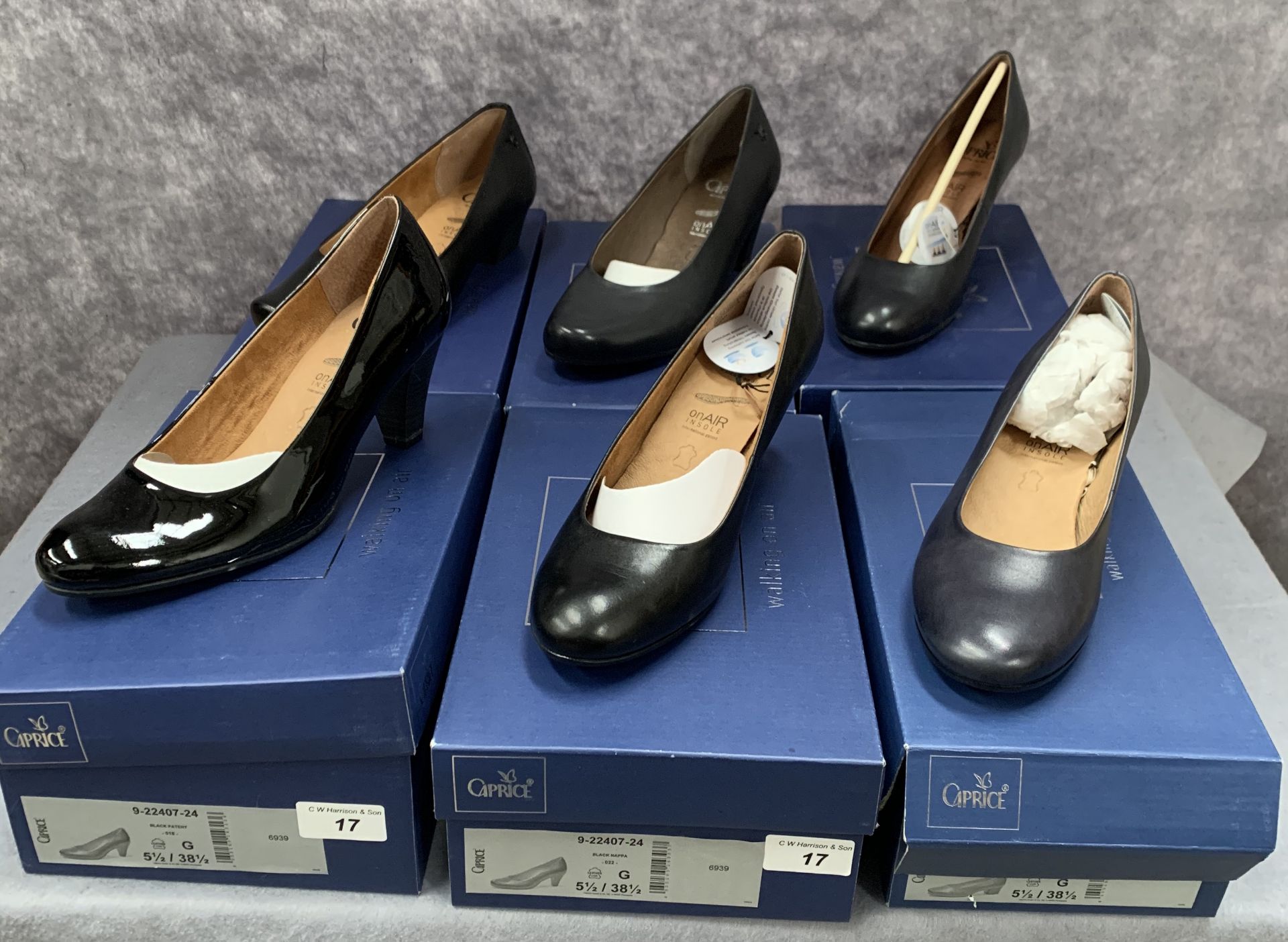 Six pairs of Caprice ladies shoes in black (3), ocean (2) and navy (1), various styles, size 5½,