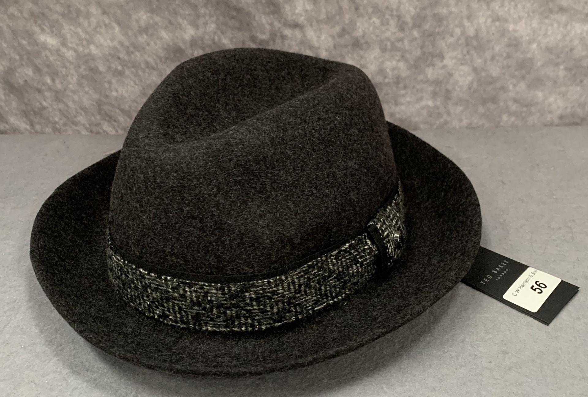 A Ted Baker London charcoal contrast wool trim fedora, size 60cm,