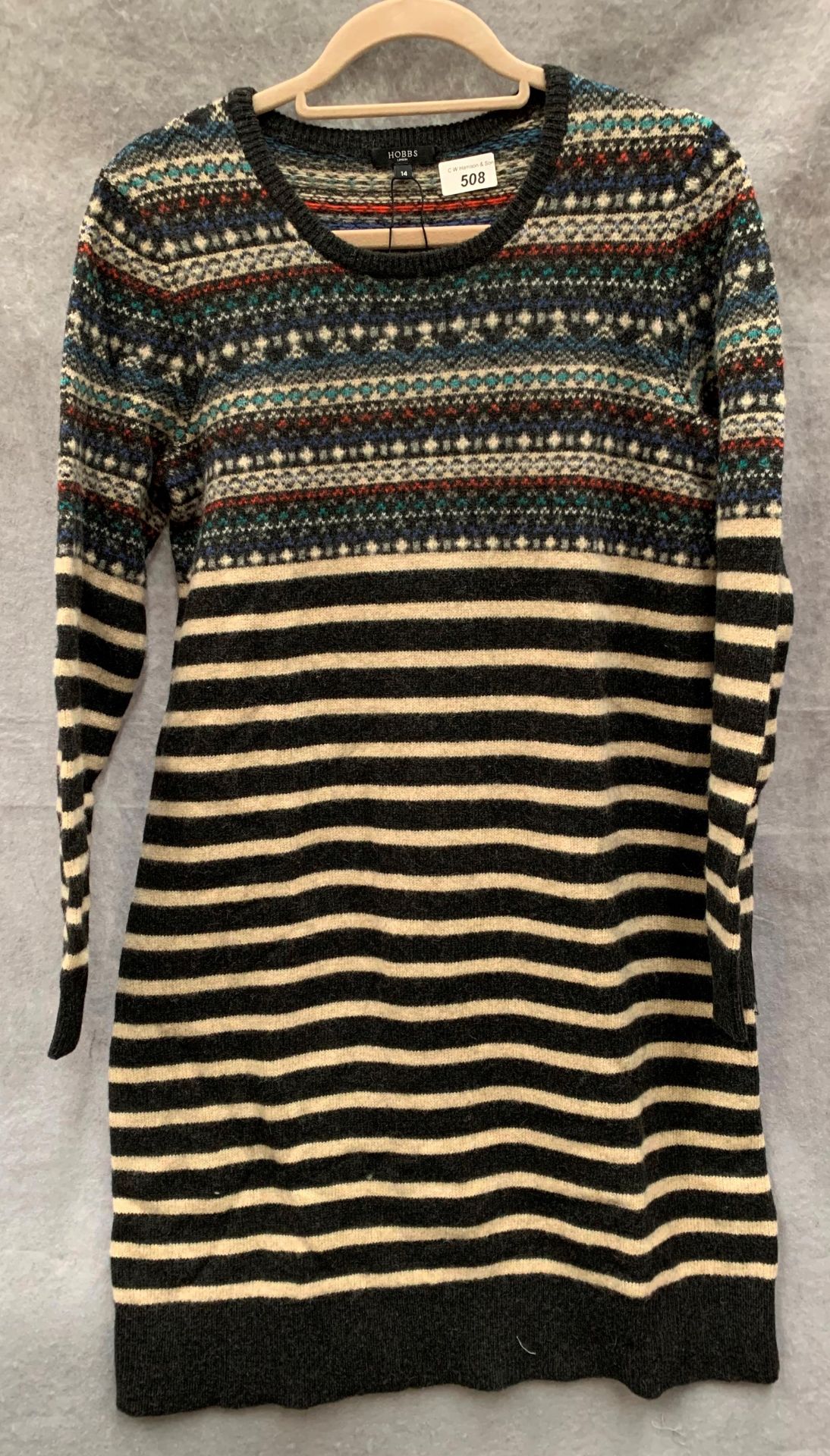 A Hobbs ladies knitted dress, charcoal striped and Fair Isle pattern,