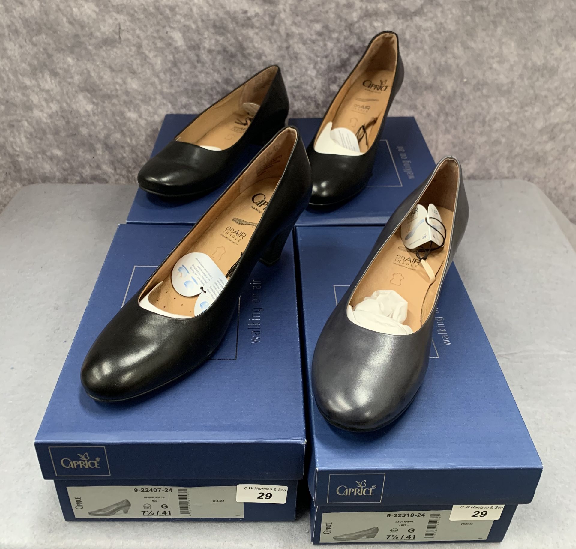 Four pairs of Caprice ladies shoes in black (2) and navy (1), various styles, size 7½,