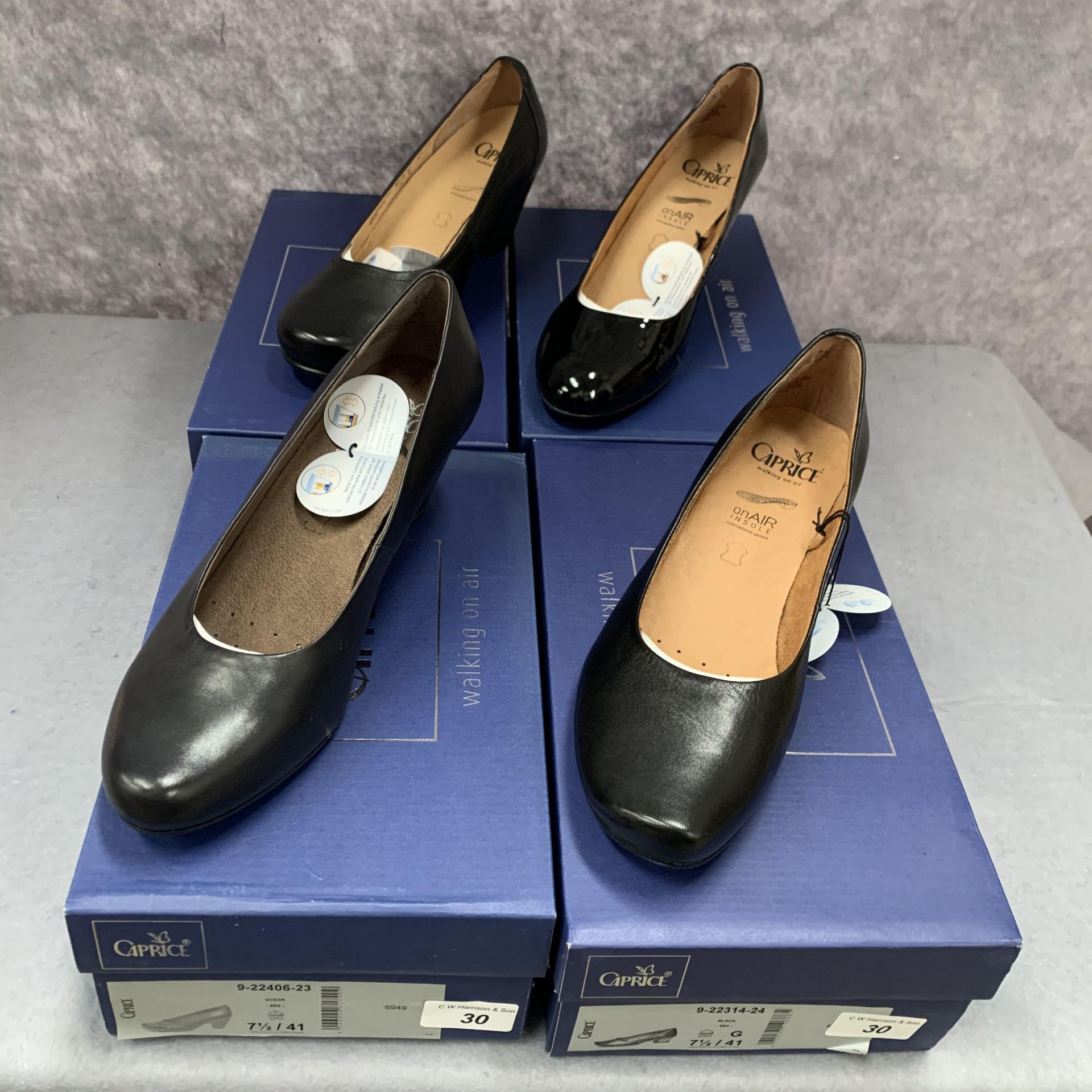 Four pairs of Caprice ladies shoes in black (3) and ocean (1), various styles, size 7½,