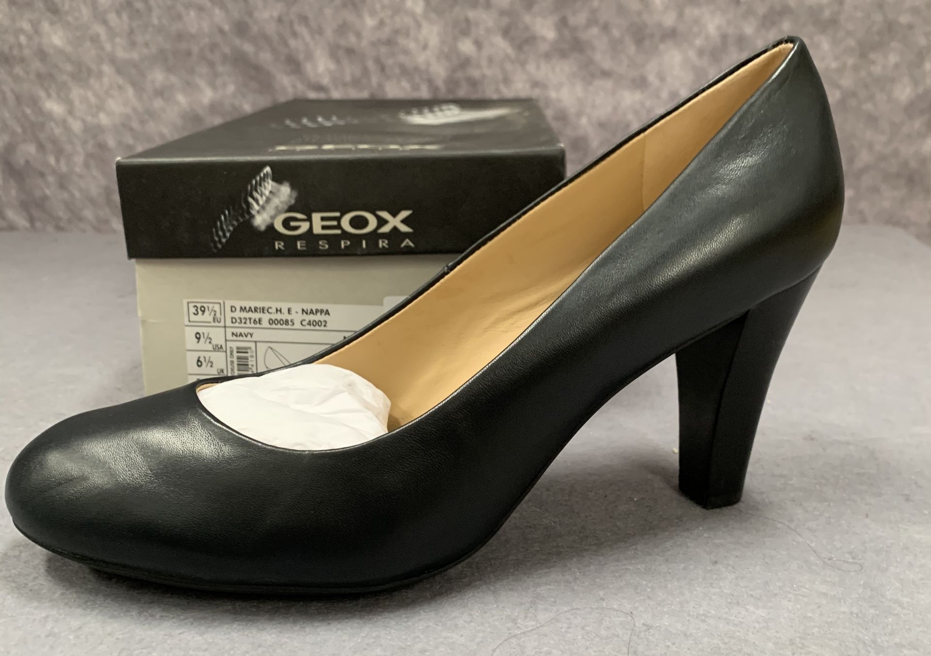 A pair of Geox Respira ladies navy nappa patent leather court shoes, size 6½,