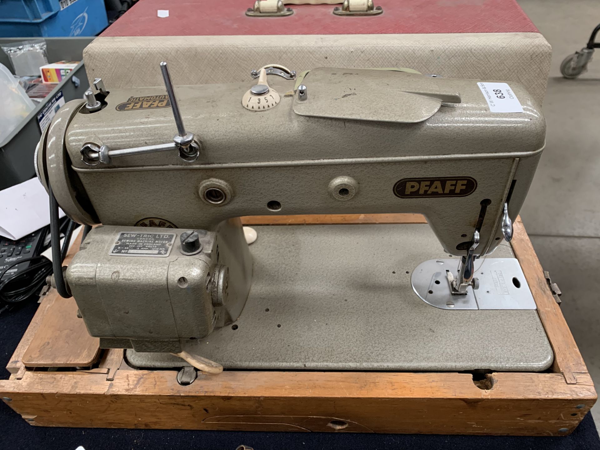 A Pfaff 230 automatic 240v sewing machine in carrying case, no cable (no controls,