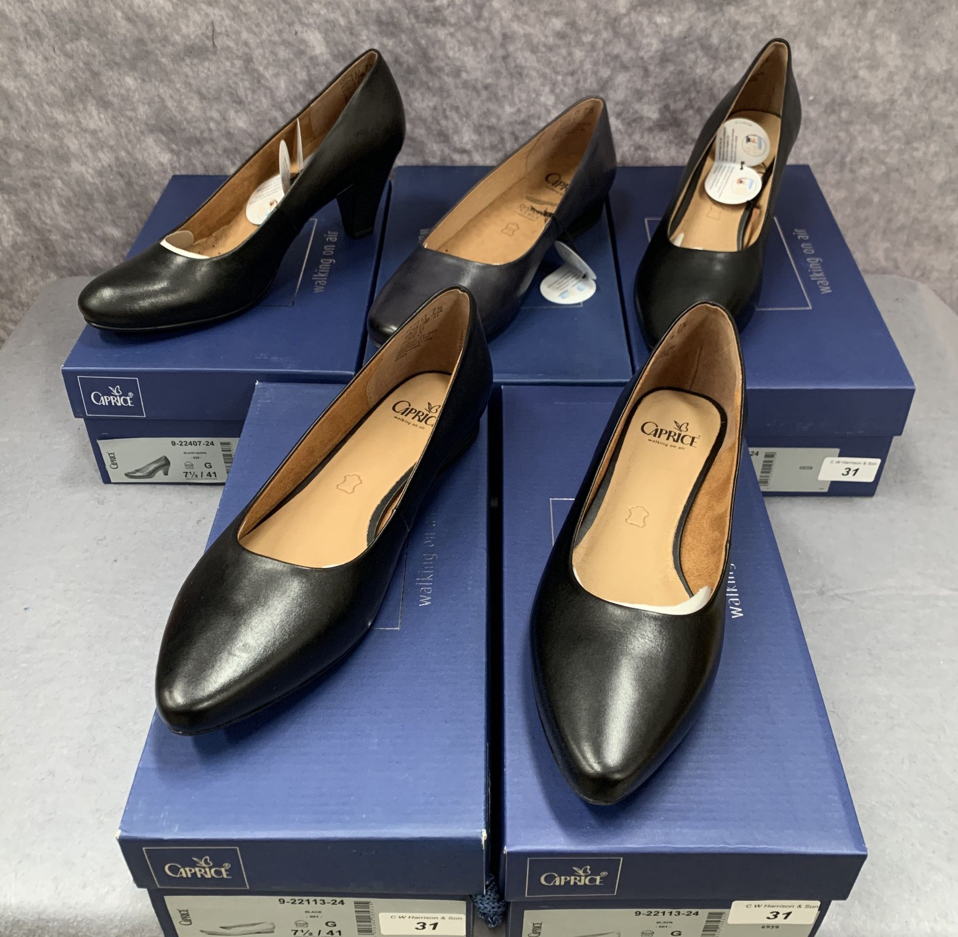 Five pairs of Caprice ladies shoes in black (5) and navy (1), various styles, size 7½,