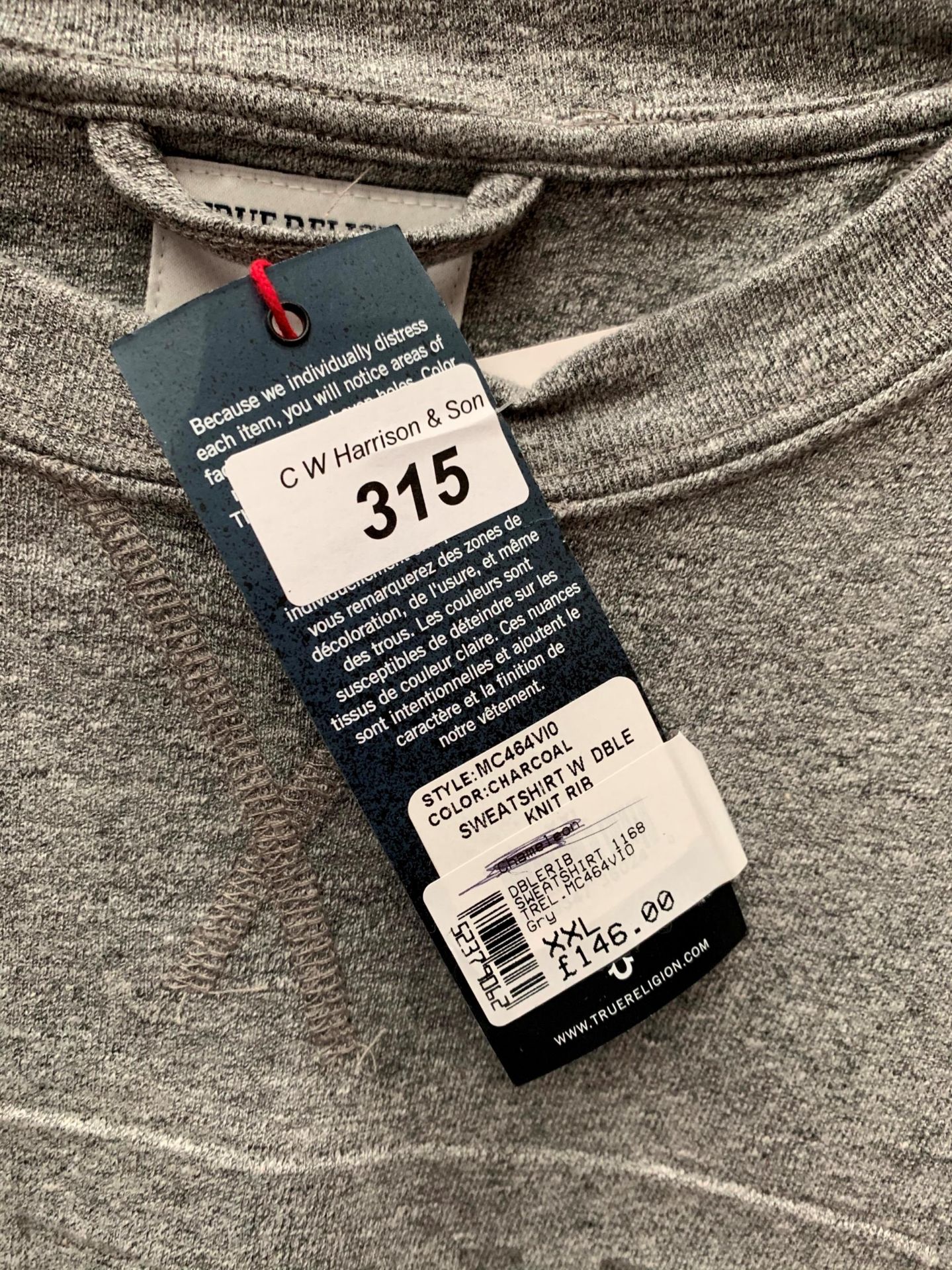 A True Religion men's sweatshirt, charcoal, size XXL, - Image 2 of 2