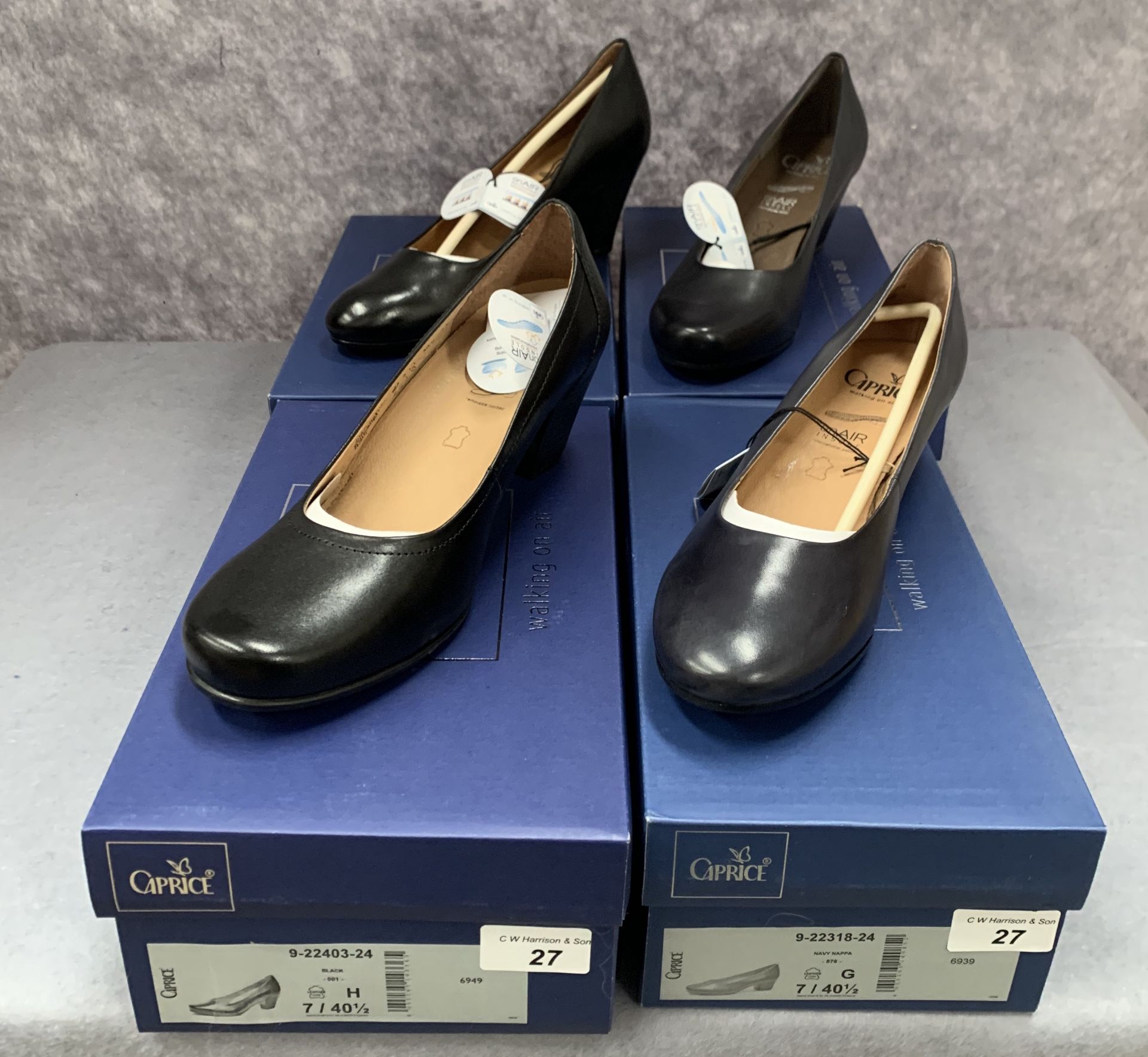 Four pairs of Caprice ladies shoes in black (3) and navy (1), various styles, size 7,
