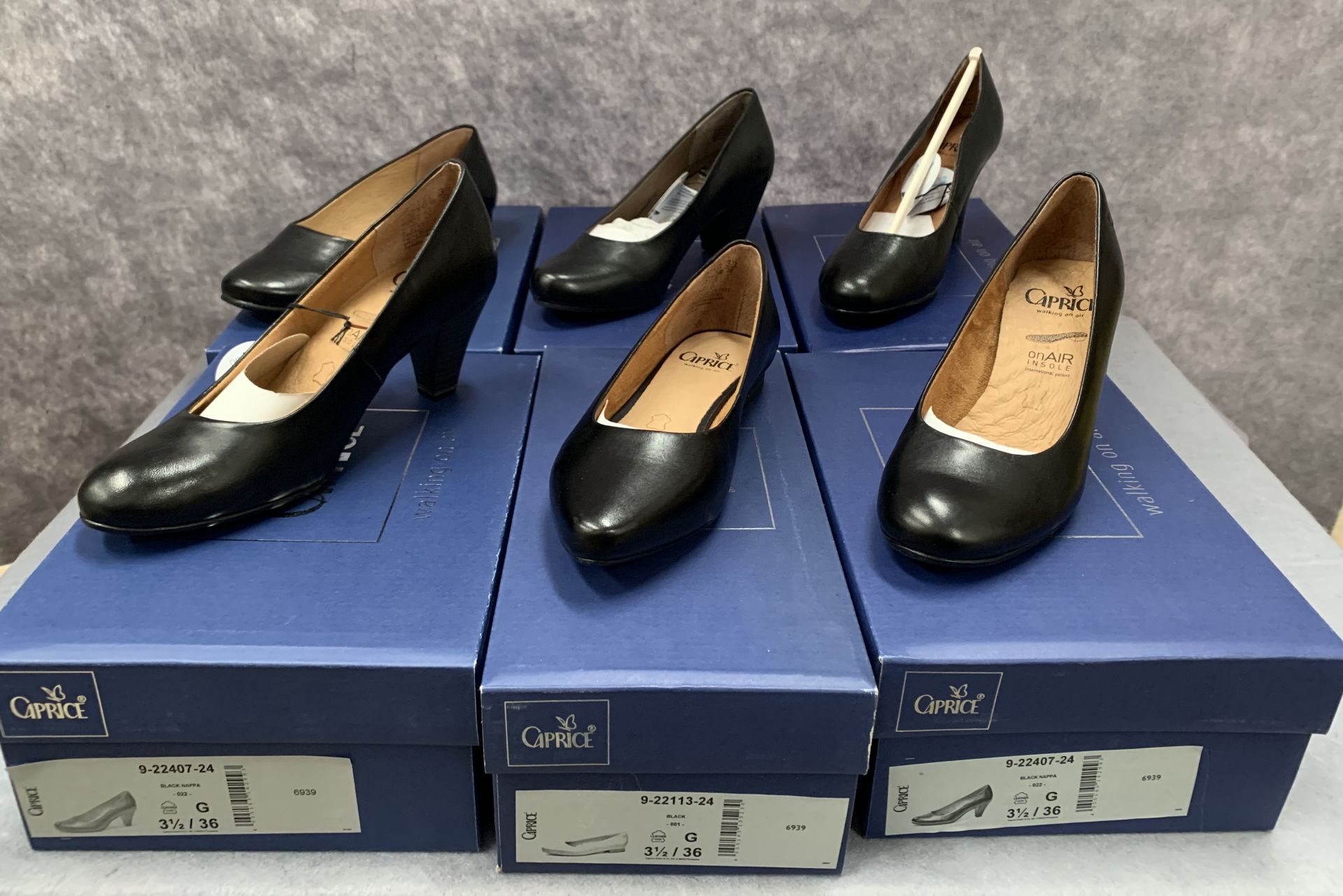 Six pairs of Caprice ladies shoes in black, various styles, size 3½, retail price £59.