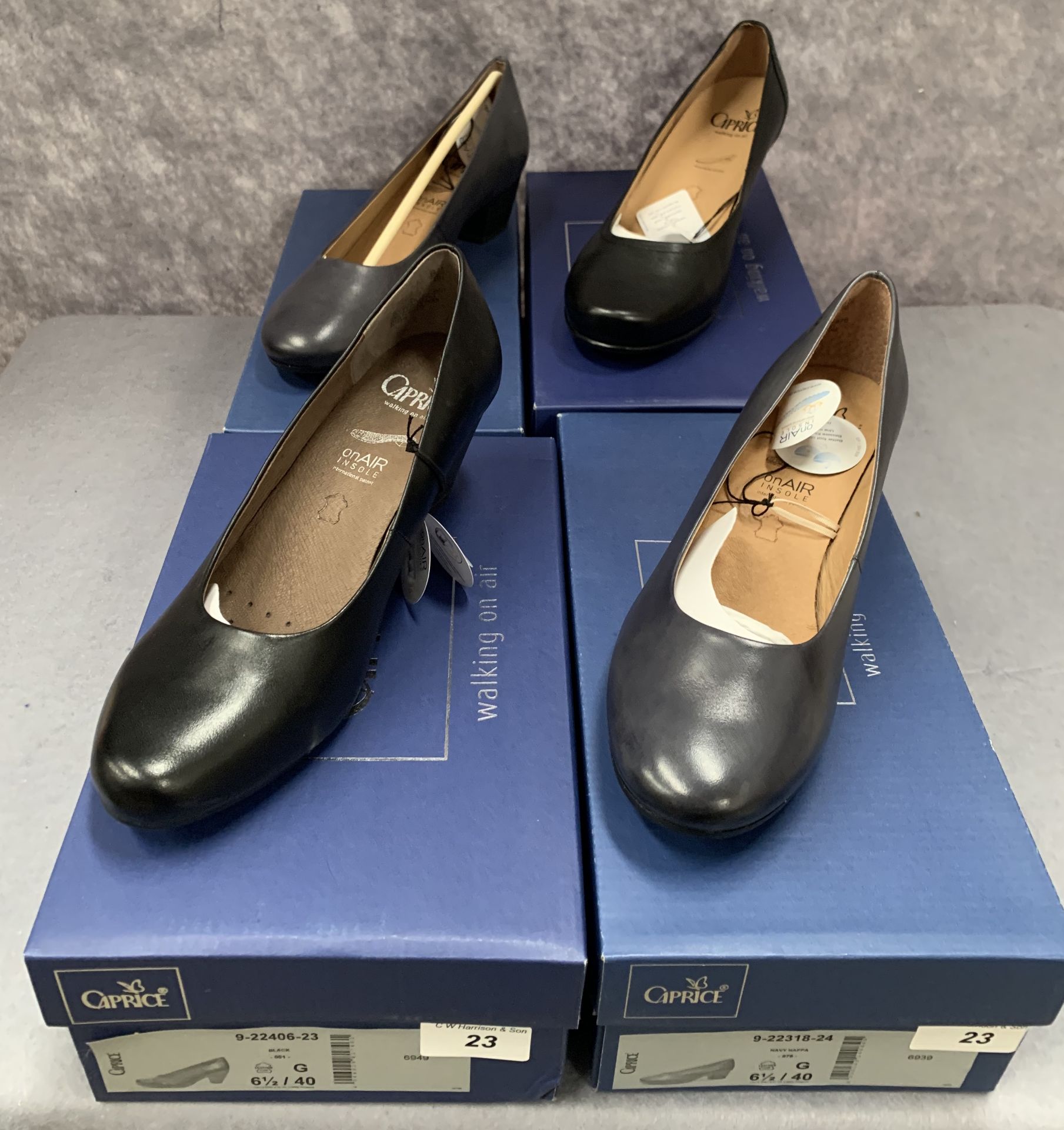 Four pairs of Caprice ladies shoes in black (2) and ocean (2), various styles, size 6½,