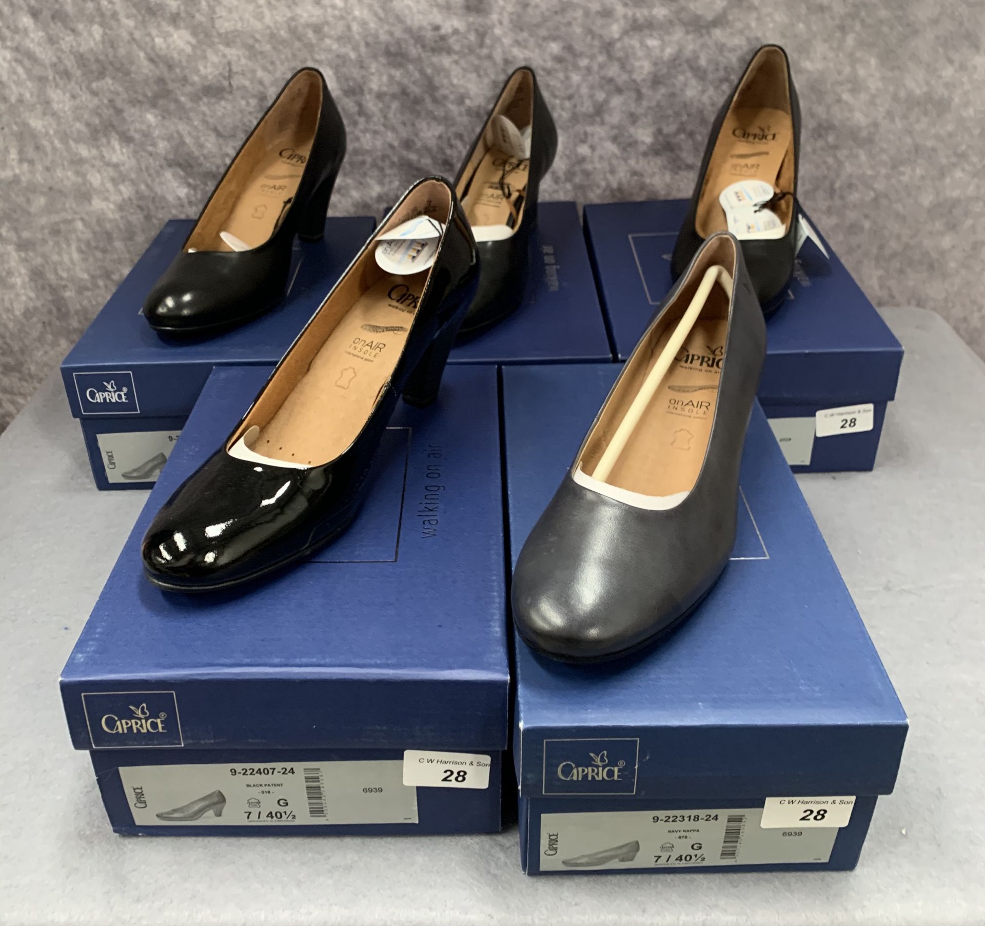 Five pairs of Caprice ladies shoes in black (4) and navy (1), various styles, size 7,