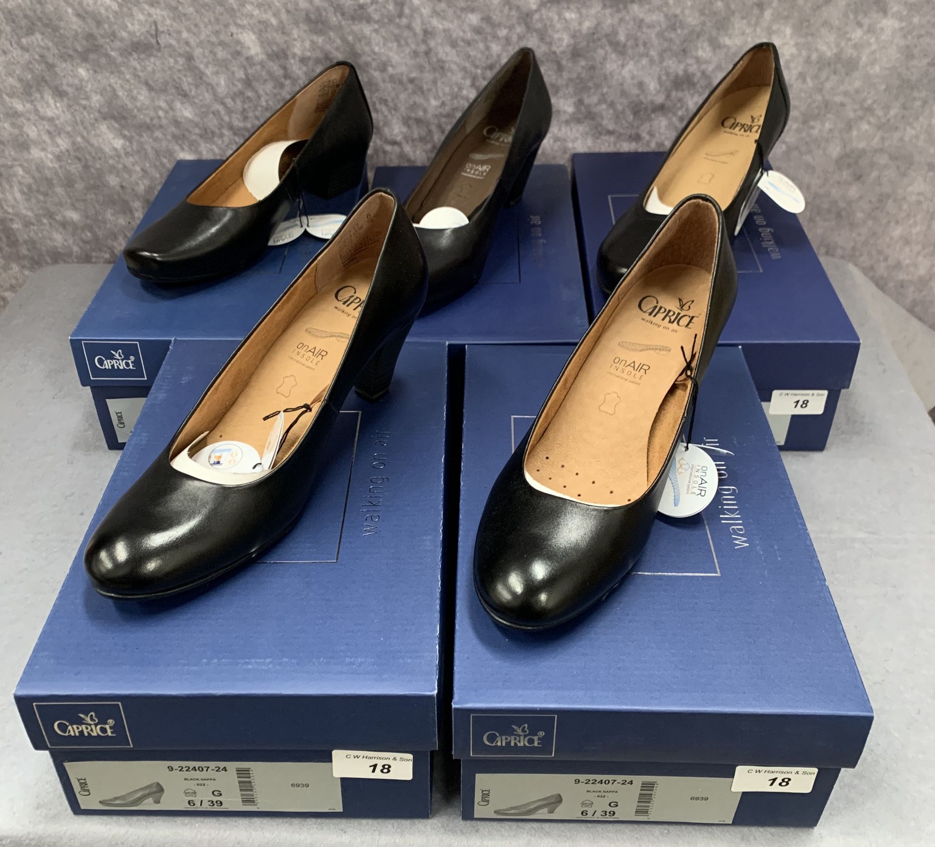 Five pairs of Caprice ladies shoes in black (4) and ocean (1), various styles, size 6,