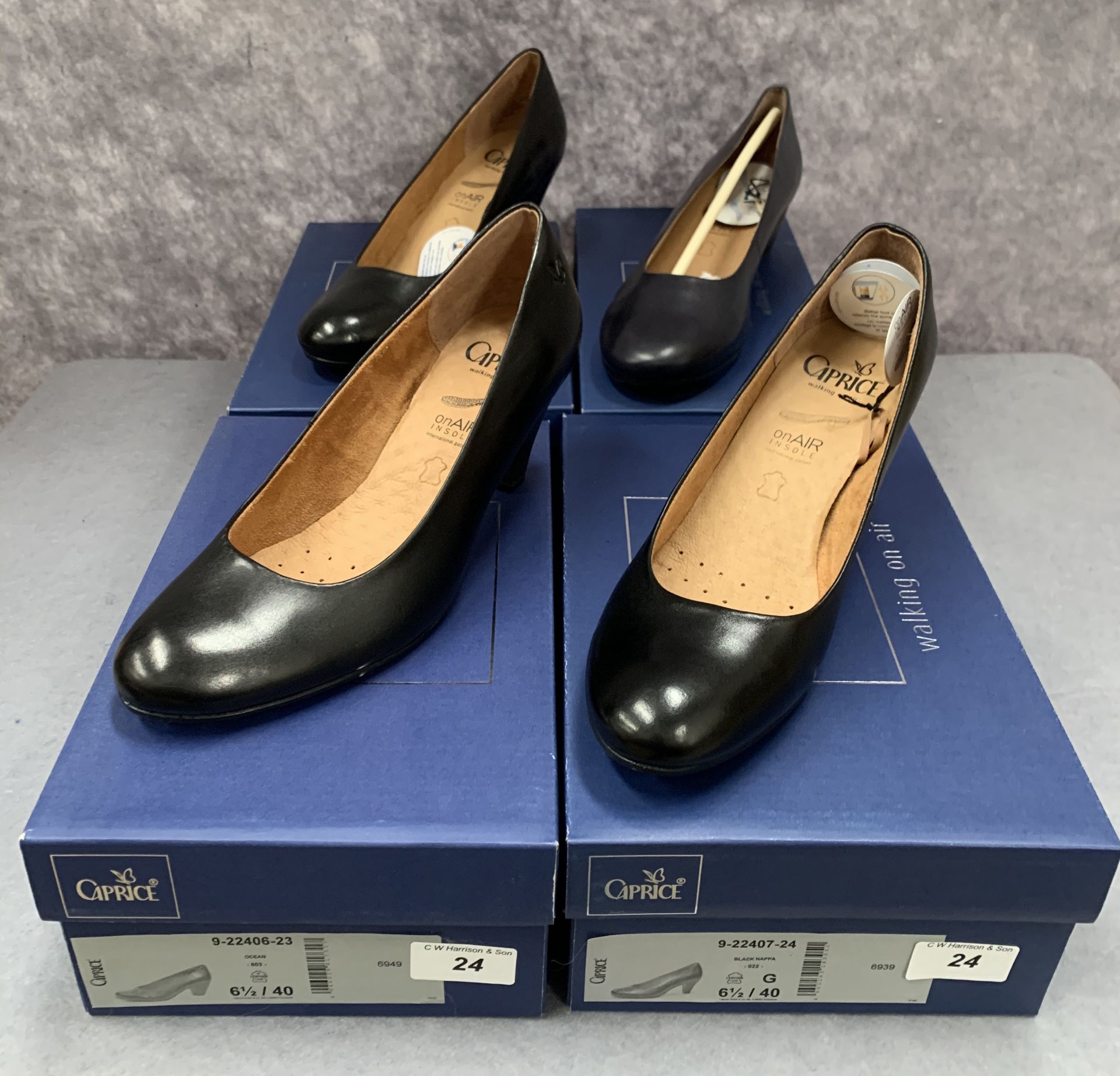 Four pairs of Caprice ladies shoes in black (2), navy (1) and ocean (1), various styles, size 6½,