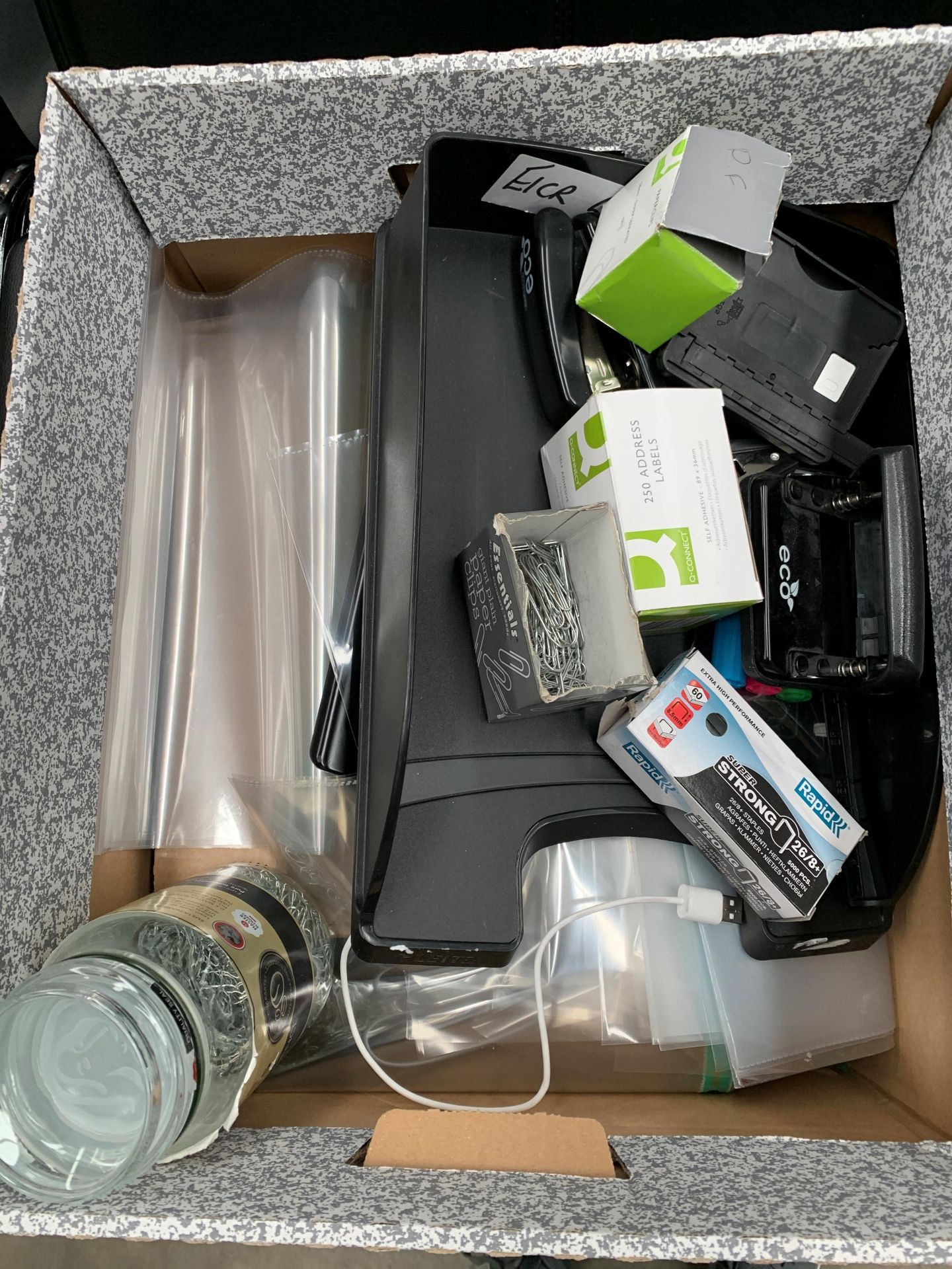 Contents to box, a quantity of office stationery, staplers, hole punches, see through sleeves,