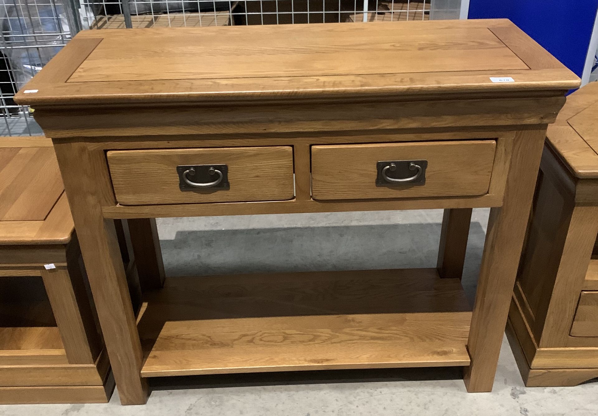 A JB Global oak two drawer side table, 98cm x 43cm x 80cm high,