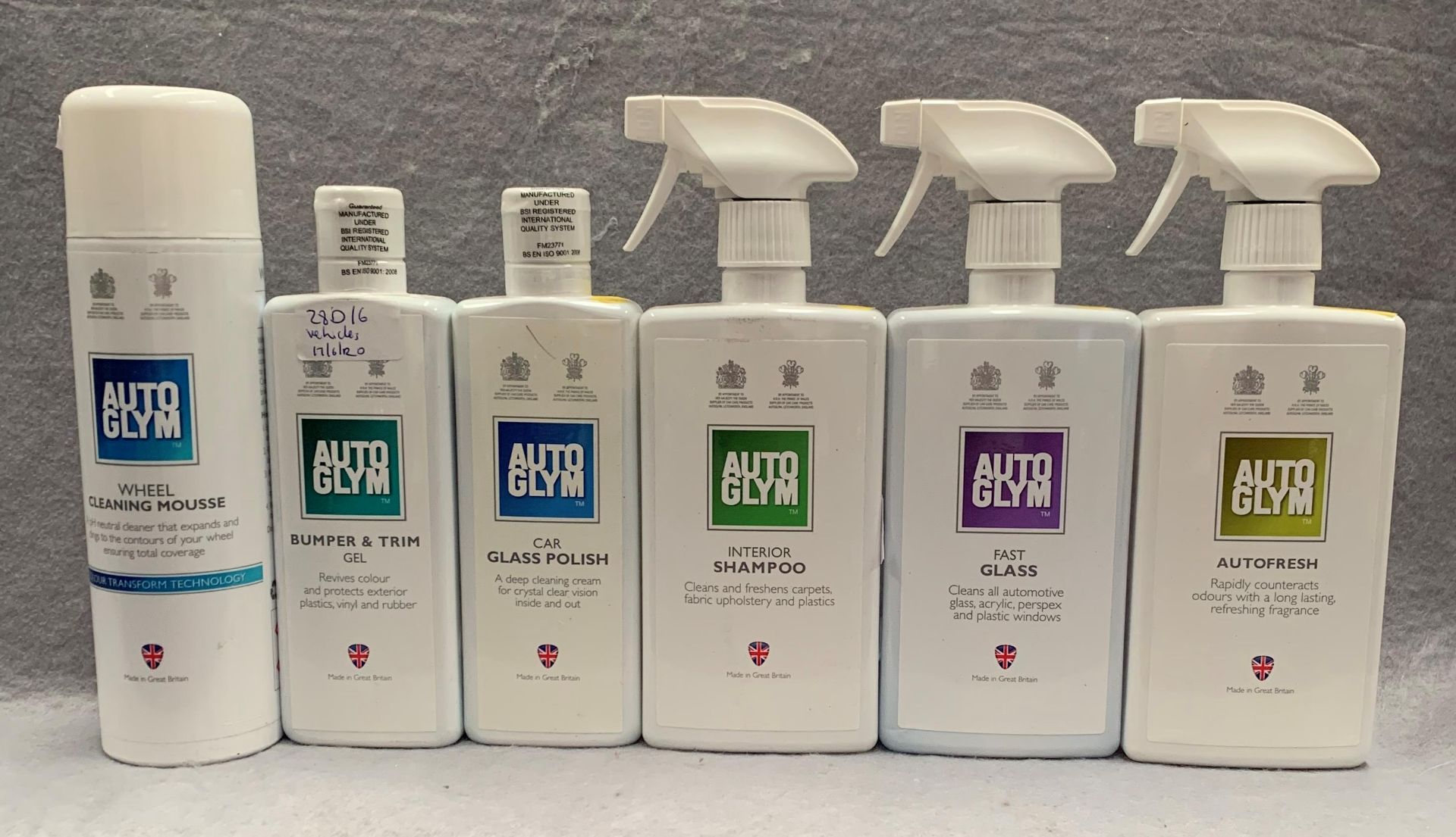 Five Auto Glym products, 325ml Car Glass Polish, 325ml Bumper and Trim Gel,