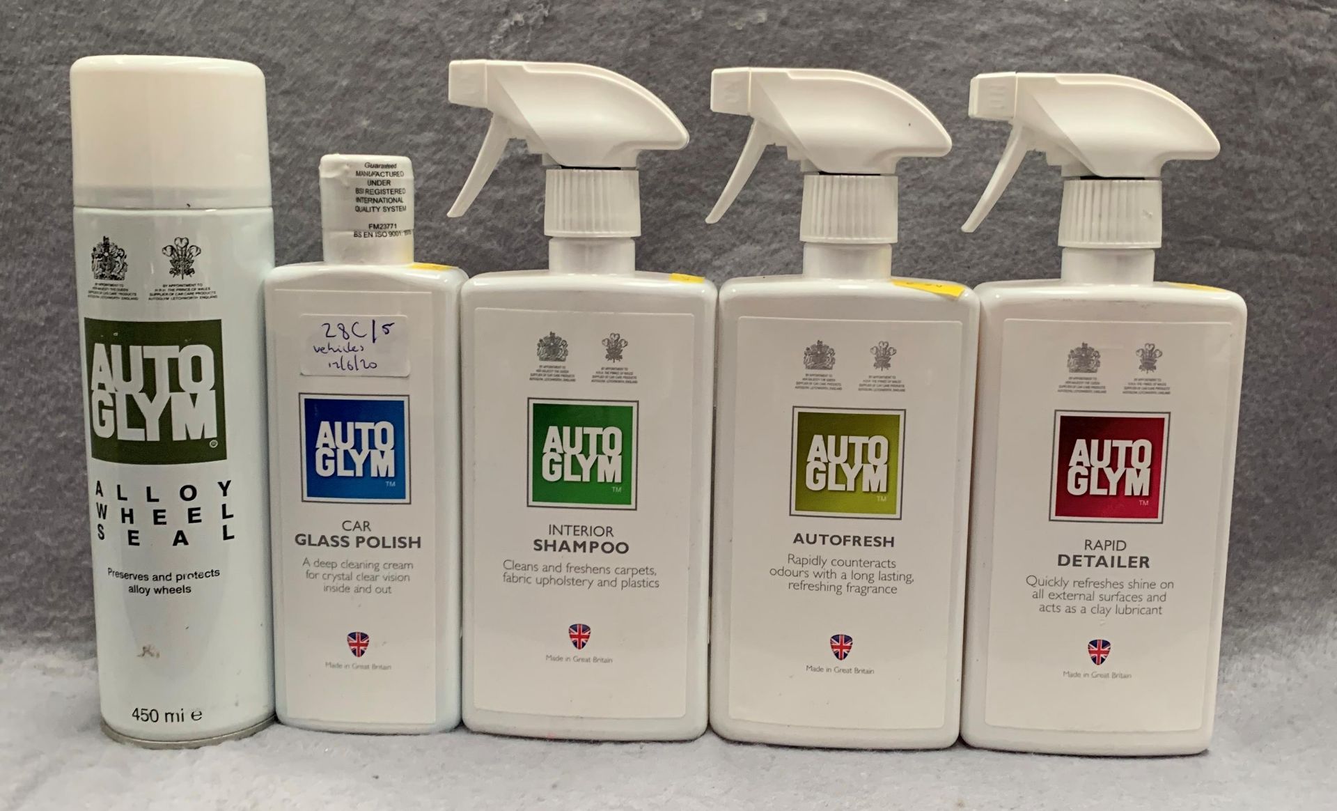 Five Auto Glym products, 325ml Car Glass Polish, 450ml Alloy Wheel Seal, 500ml Rapid Detailer,