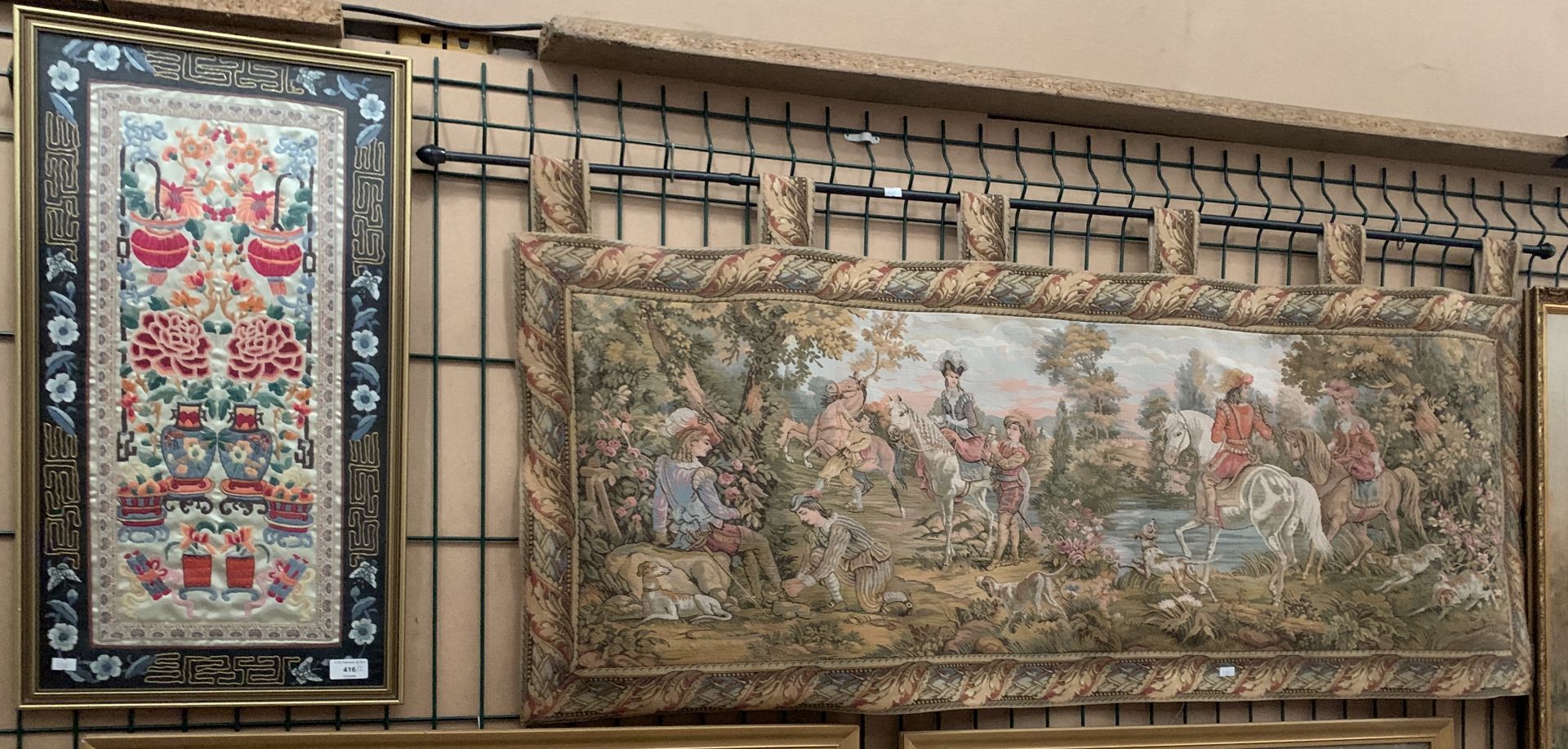 Wall hanging tapestry of a 17th century hunting scene, 53cm x 140cm, and a framed oriental tapestry,