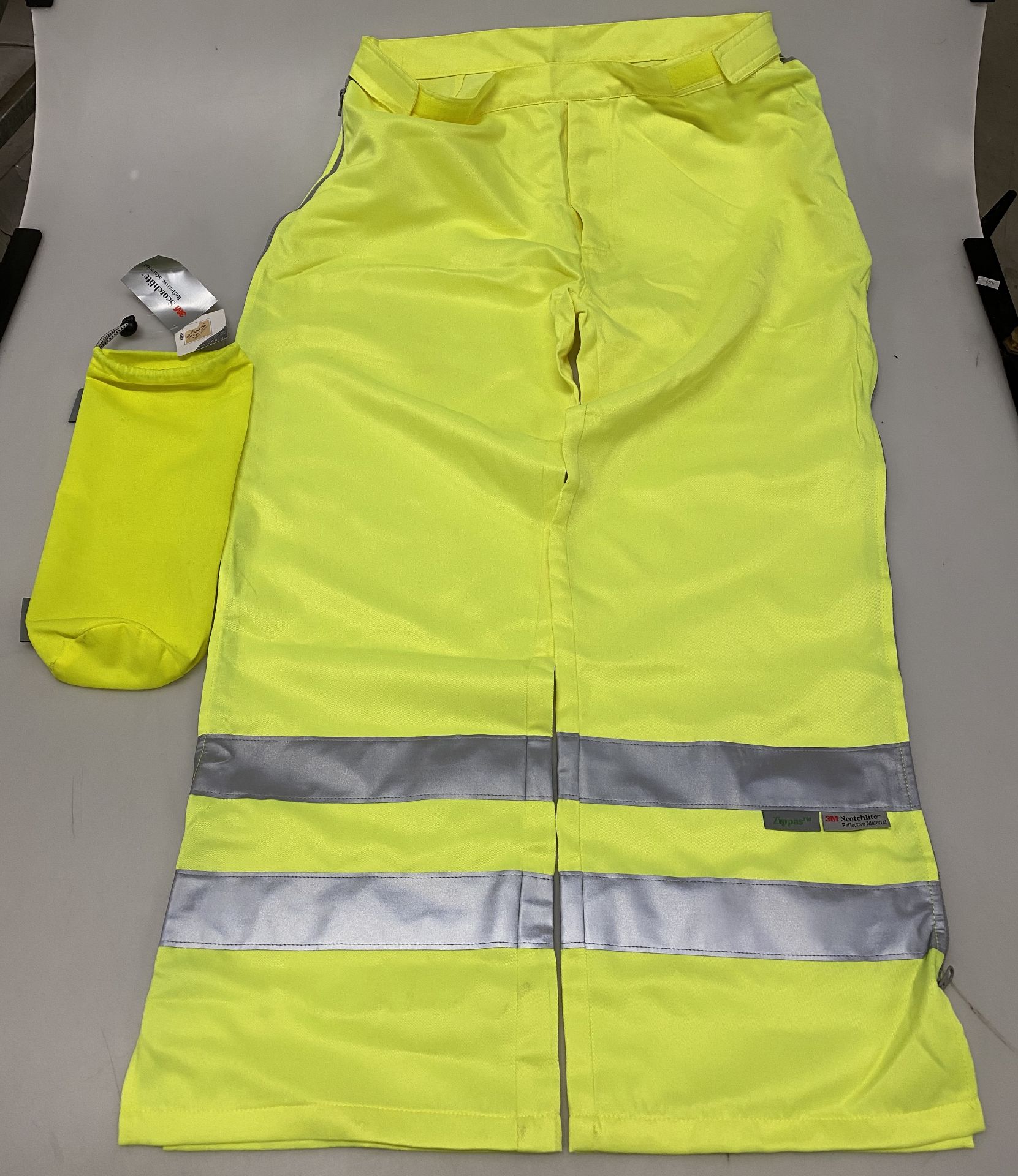 8 x Hi-Vi Zippas MX yellow PPE high visibility Teflon/Scotchlite zipped over trousers and bags.